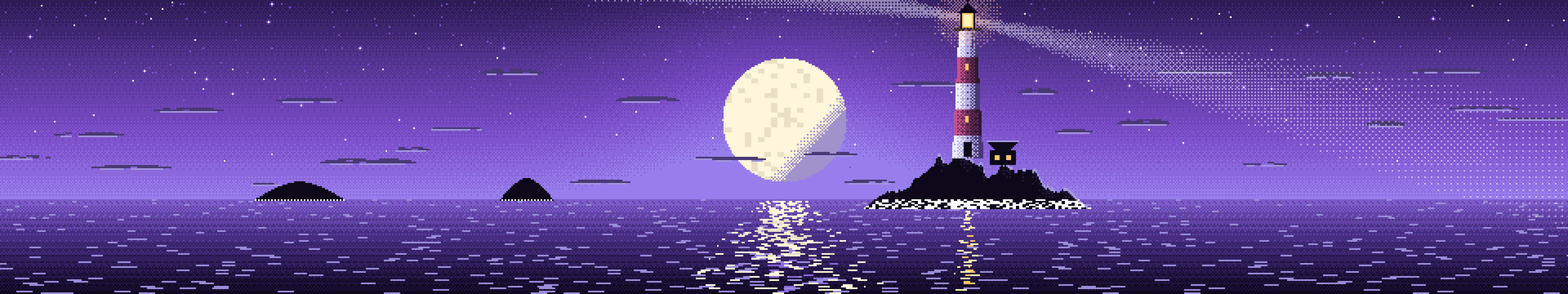 Purple Pixel Art Lighthouse triple monitor wallpaper, 7680 × 1440