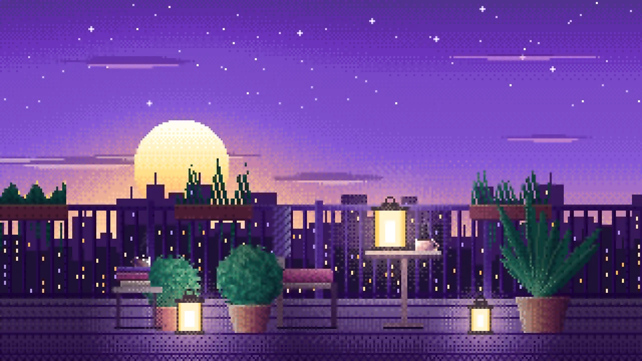 Purple Pixel Art Lofi Balcony at Dusk desktop wallpaper in 4K