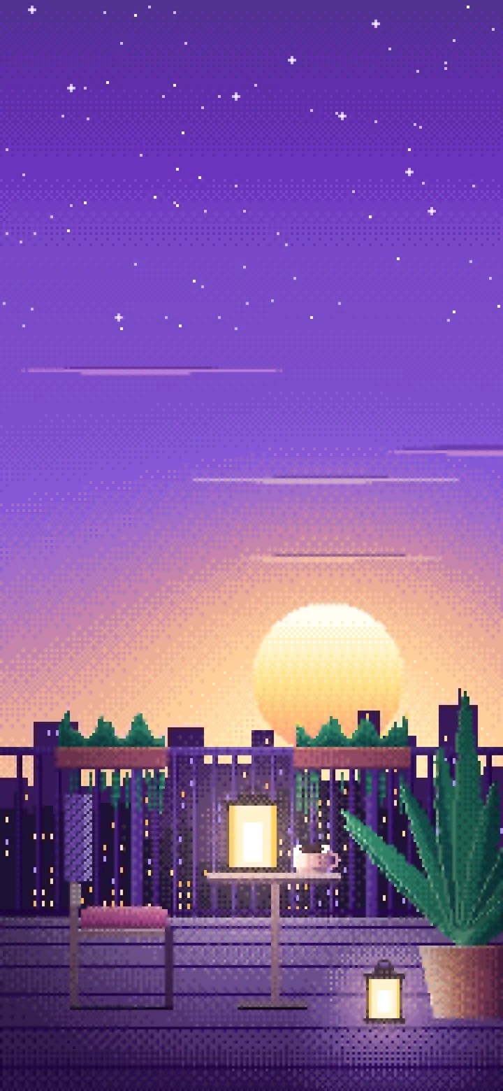 Purple Pixel Art Lofi Balcony at Dusk wallpaper for iPhone and Android