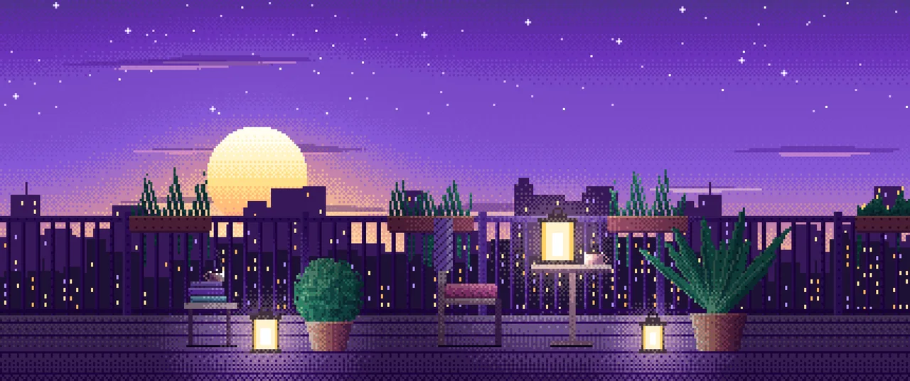 Purple Pixel Art Lofi Balcony at Dusk ultrawide wallpaper, 3440 × 1440