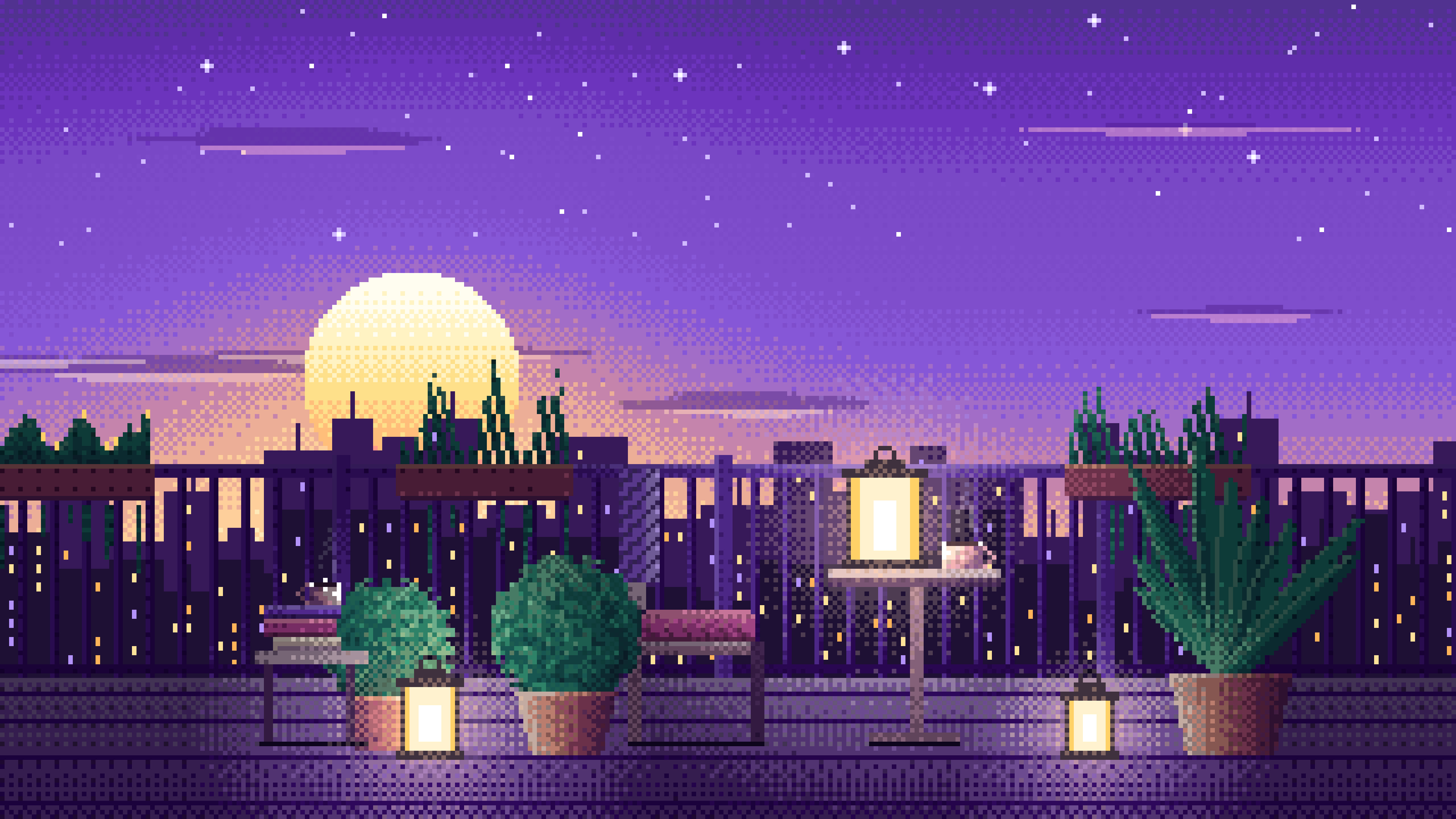Purple Pixel Art Lofi Balcony at Dusk desktop wallpaper in 4K