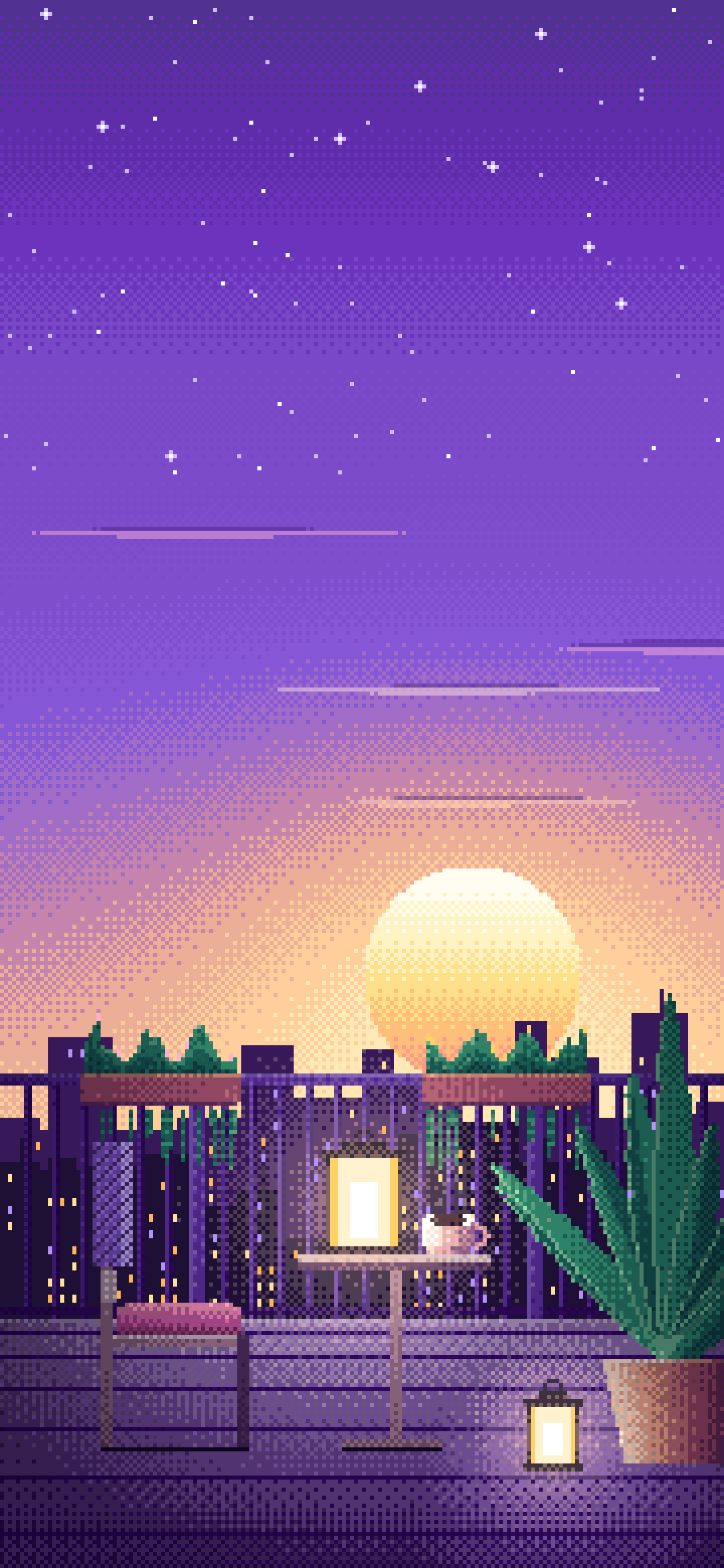Purple Pixel Art Lofi Balcony at Dusk wallpaper for iPhone and Android