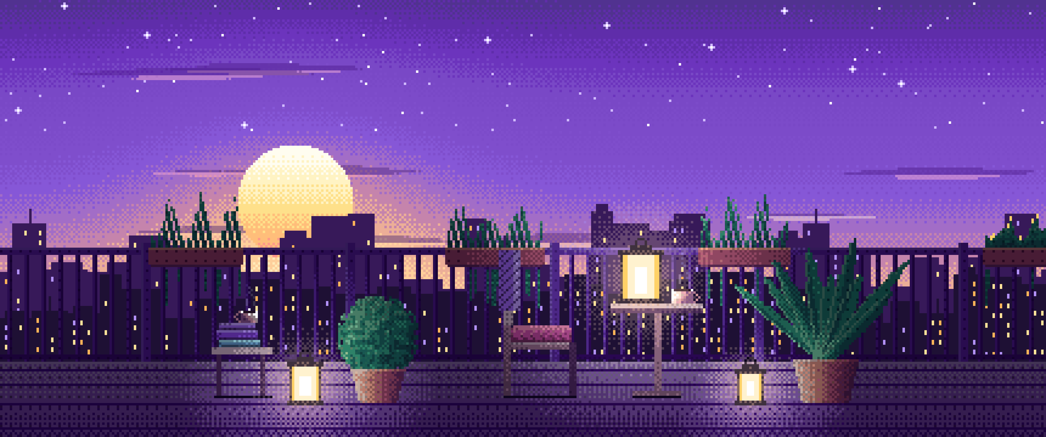 Purple Pixel Art Lofi Balcony at Dusk ultrawide wallpaper, 3440 × 1440