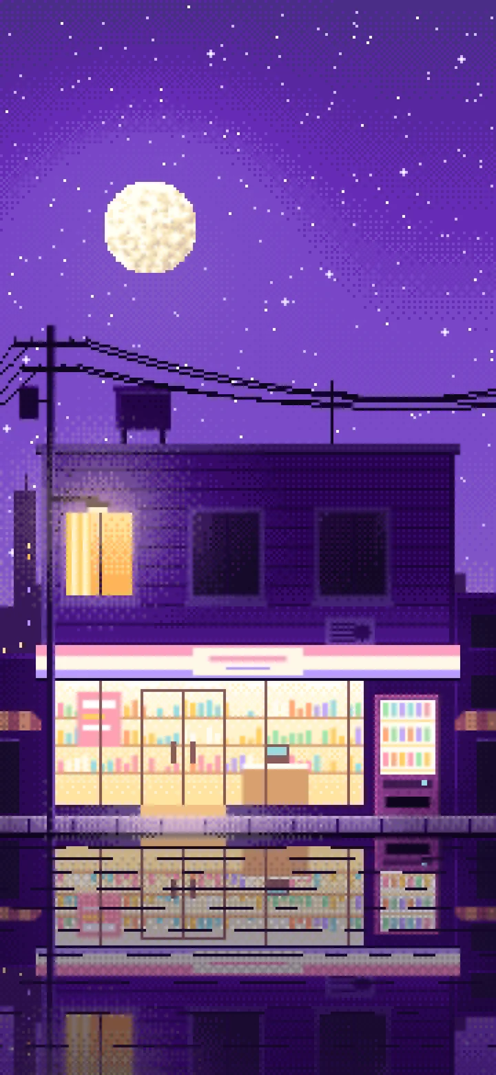 Purple Pixel Art Lofi Convenience Store at Night wallpaper for iPhone and Android