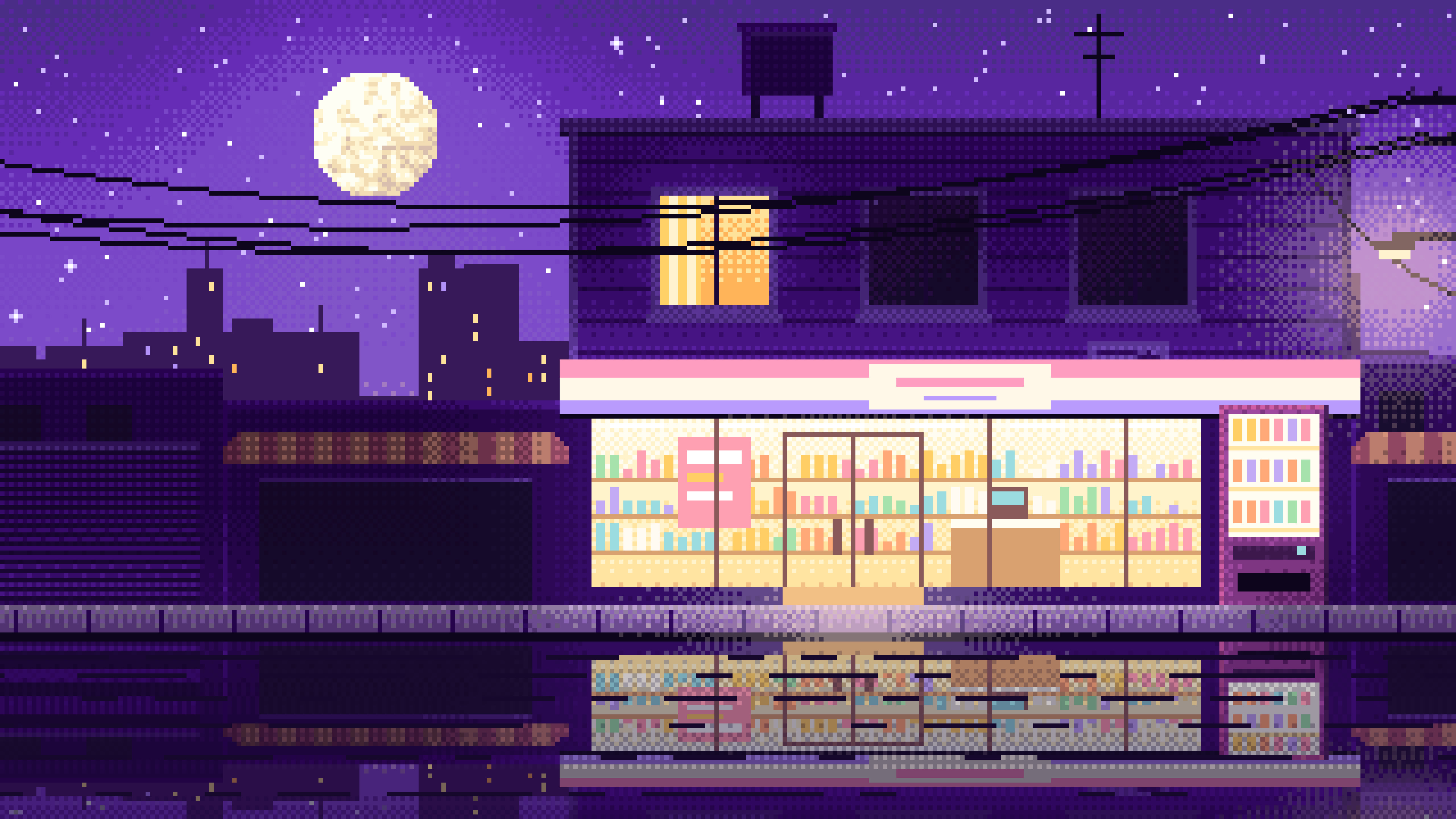 Purple Pixel Art Lofi Convenience Store at Night desktop wallpaper in 4K