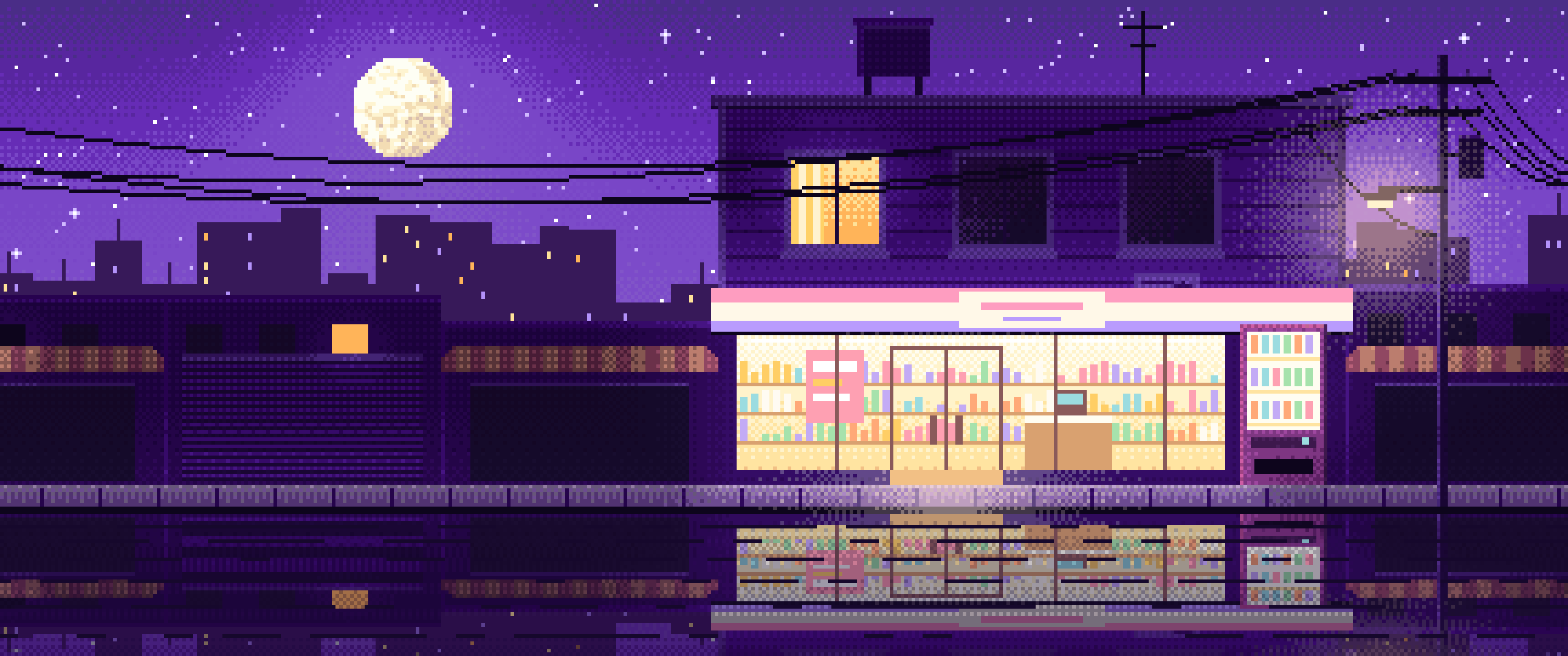 Purple Pixel Art Lofi Convenience Store at Night ultrawide wallpaper, 3440 × 1440