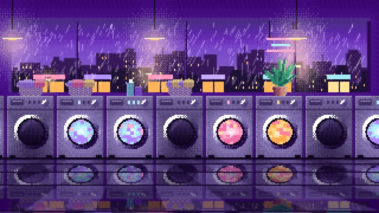 Purple Pixel Art Lofi Laundromat at Night desktop wallpaper in 4K