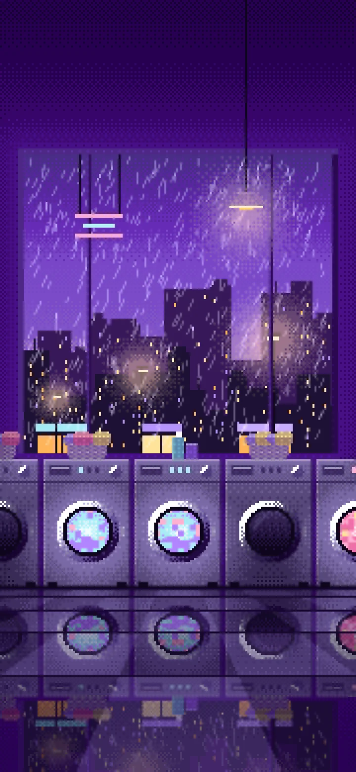 Purple Pixel Art Lofi Laundromat at Night wallpaper for iPhone and Android