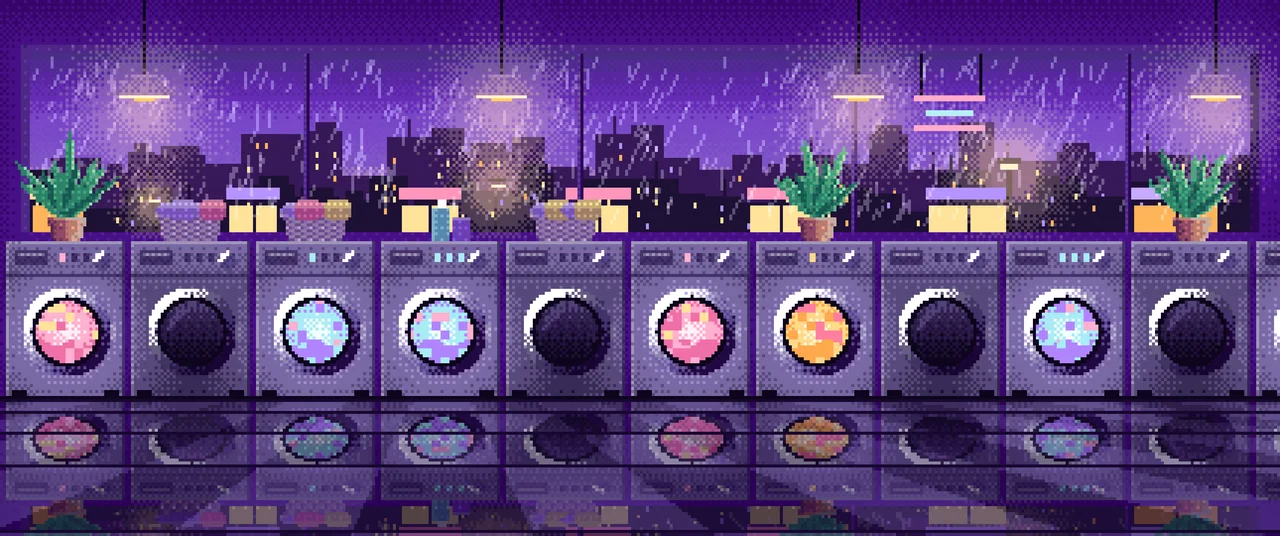 Purple Pixel Art Lofi Laundromat at Night ultrawide wallpaper, 3440 × 1440