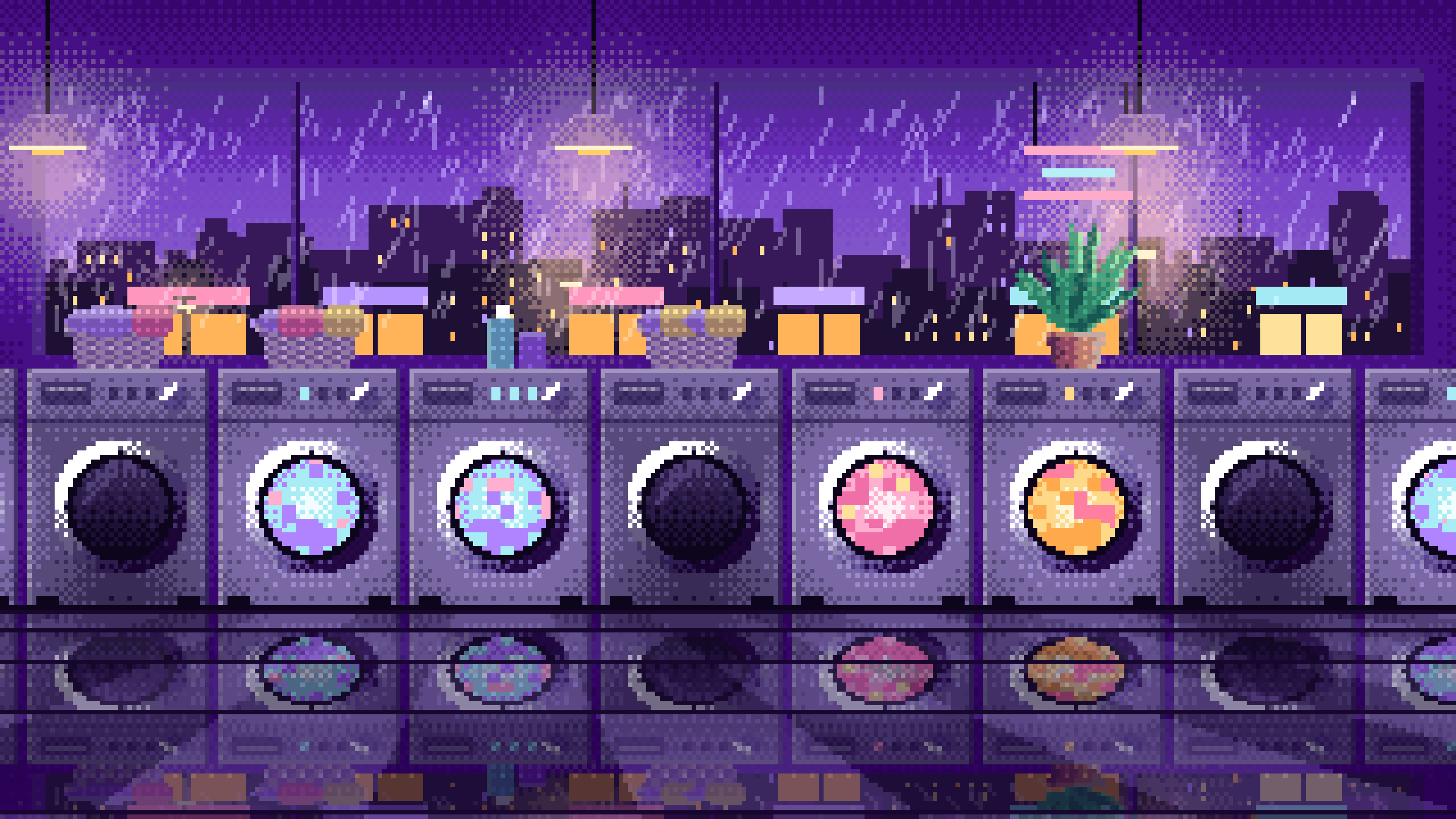 Purple Pixel Art Lofi Laundromat at Night desktop wallpaper in 4K