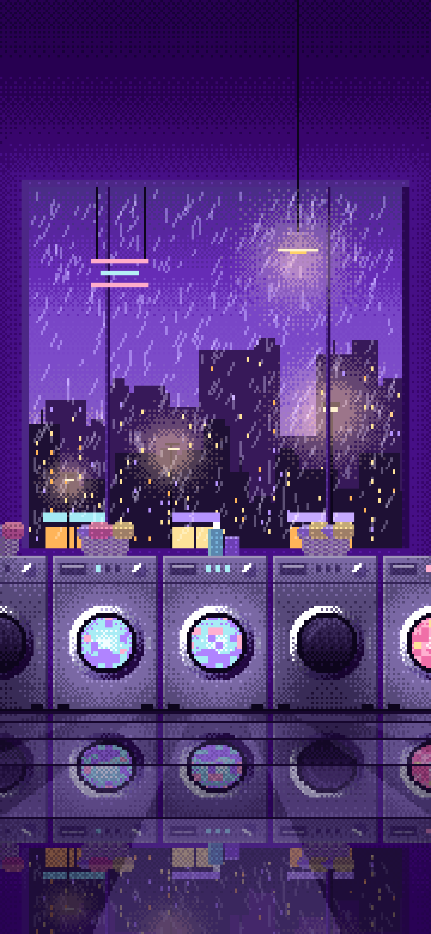 Purple Pixel Art Lofi Laundromat at Night wallpaper for iPhone and Android