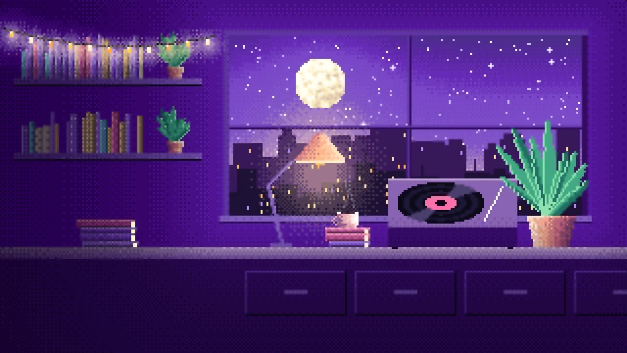 Purple Pixel Art Lofi Room desktop wallpaper in 4K