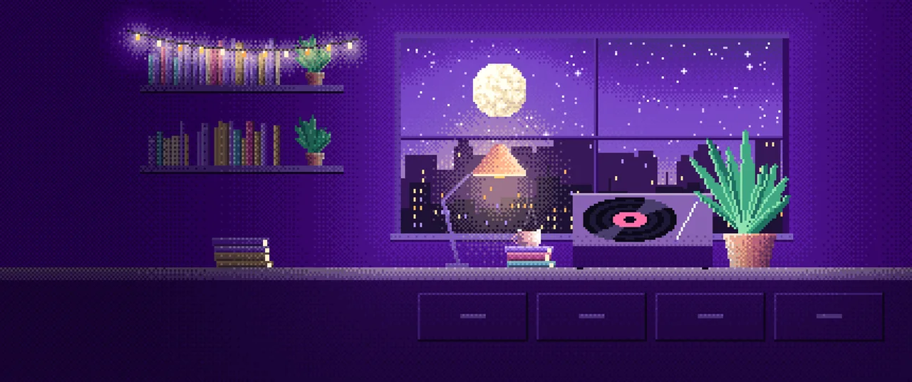 Purple Pixel Art Lofi Room ultrawide wallpaper, 3440 × 1440