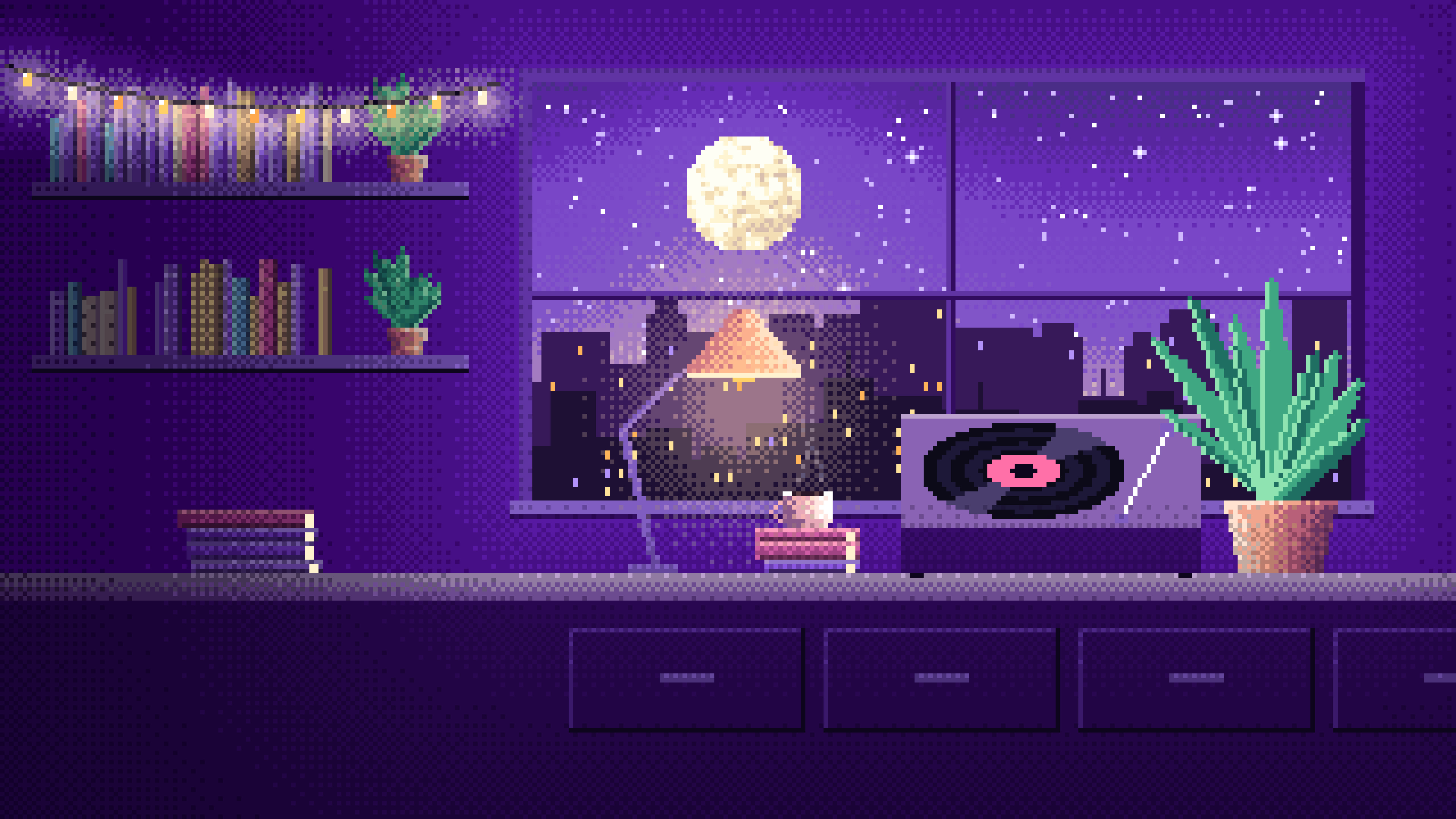 Purple Pixel Art Lofi Room desktop wallpaper in 4K