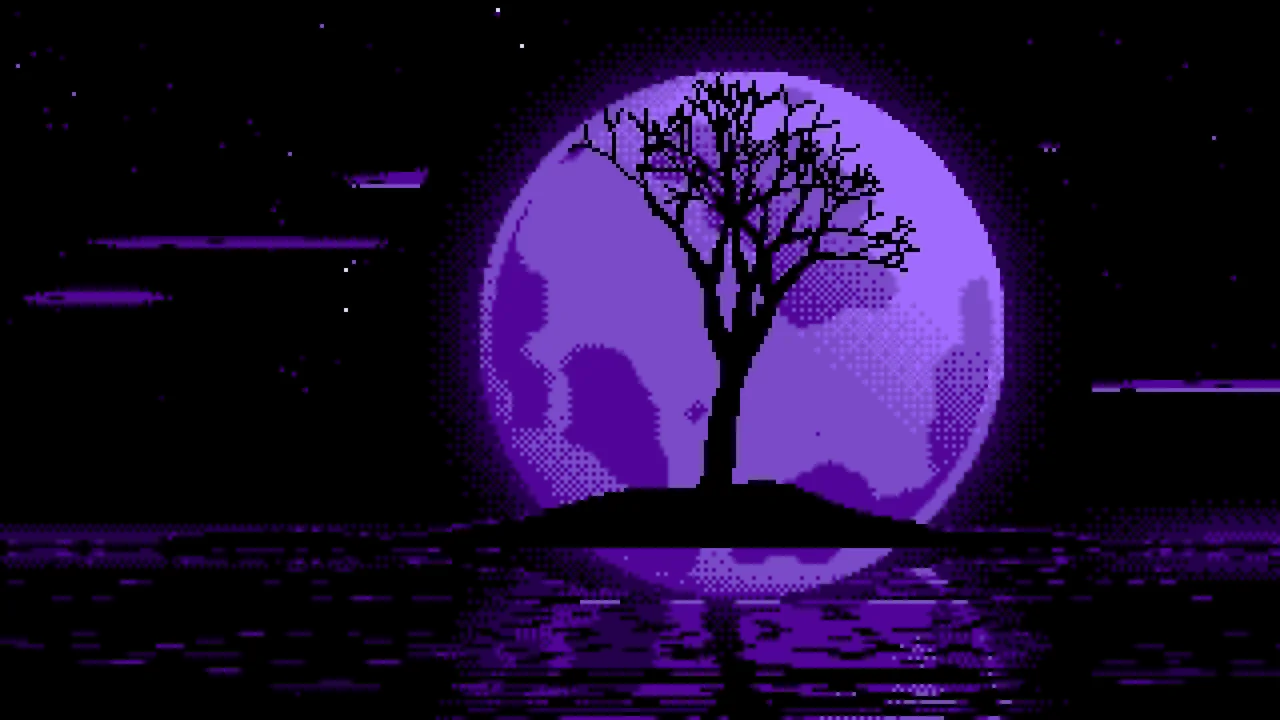 Purple Pixel Art Lone Tree and Full Moon desktop wallpaper in 4K