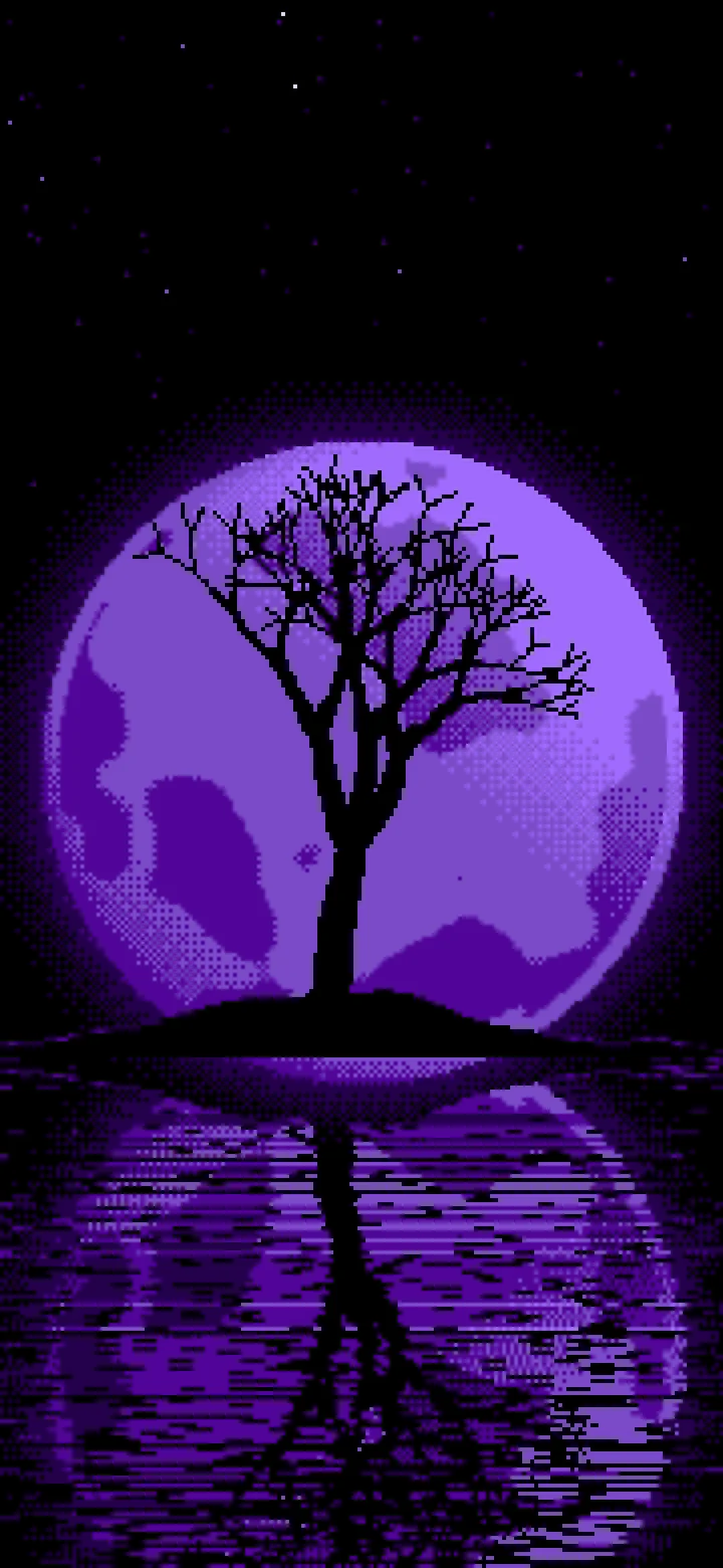 Purple Pixel Art Lone Tree and Full Moon wallpaper for iPhone and Android