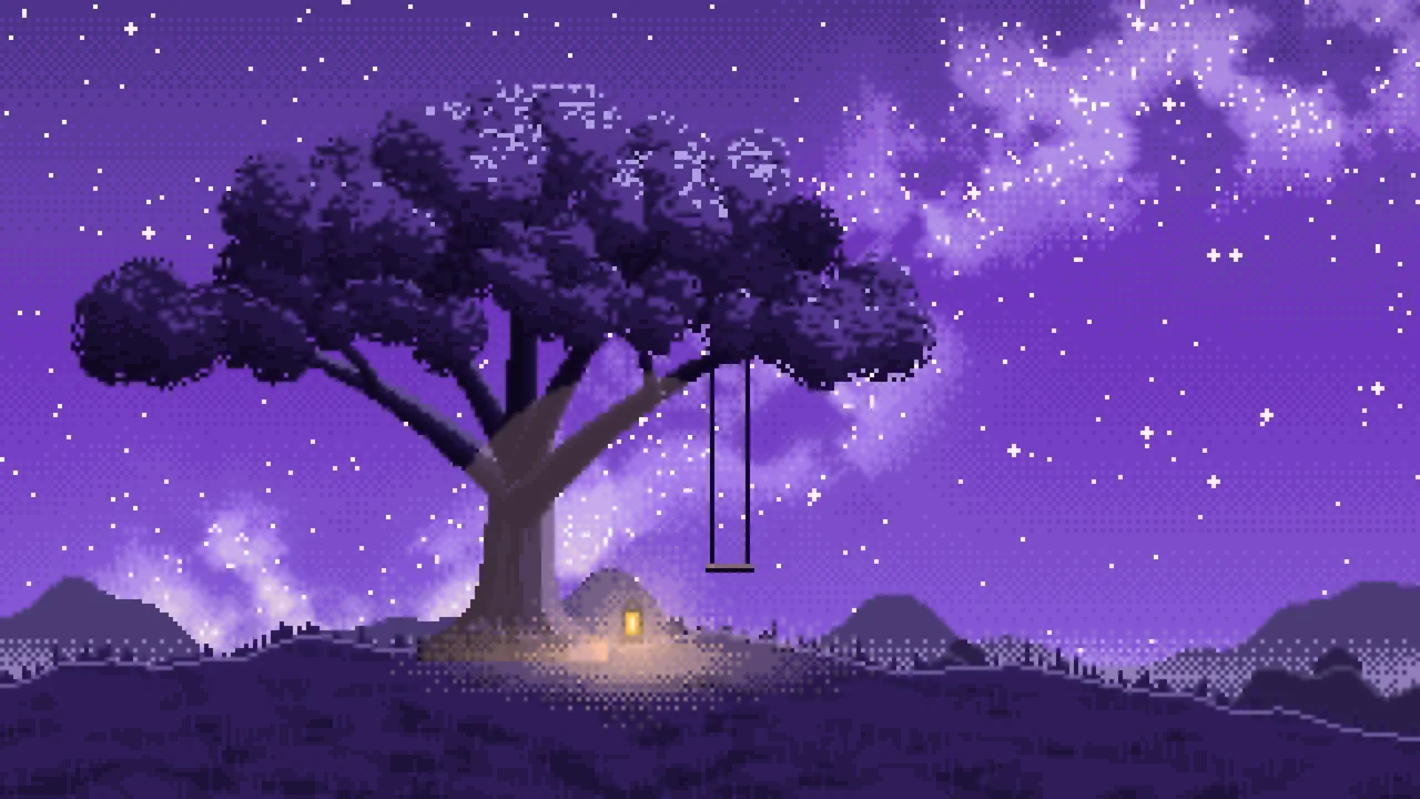 Purple Pixel Art Lone Tree Under the Stars desktop wallpaper in 4K