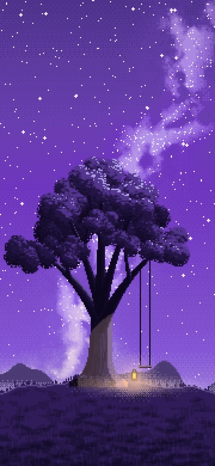 Purple Pixel Art Lone Tree Under the Stars wallpaper for iPhone and Android