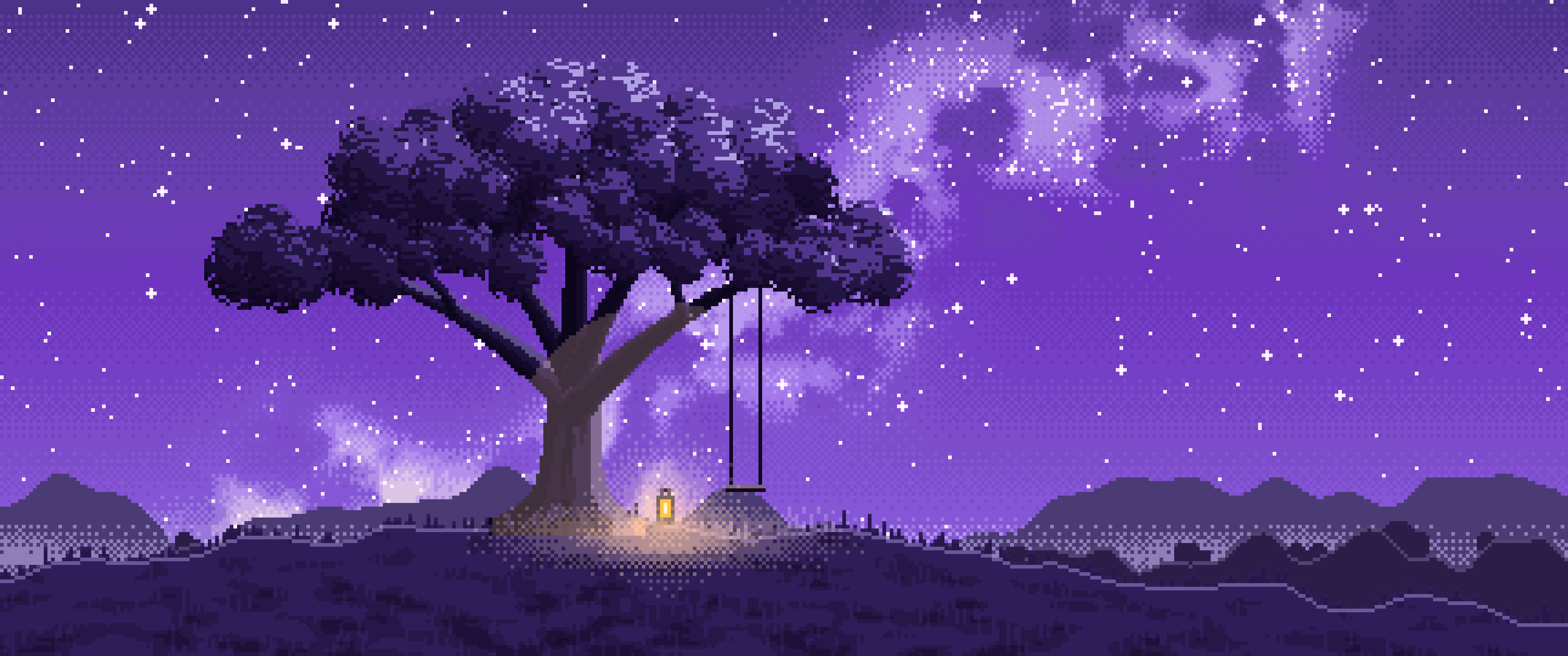 Purple Pixel Art Lone Tree Under the Stars ultrawide wallpaper, 3440 × 1440