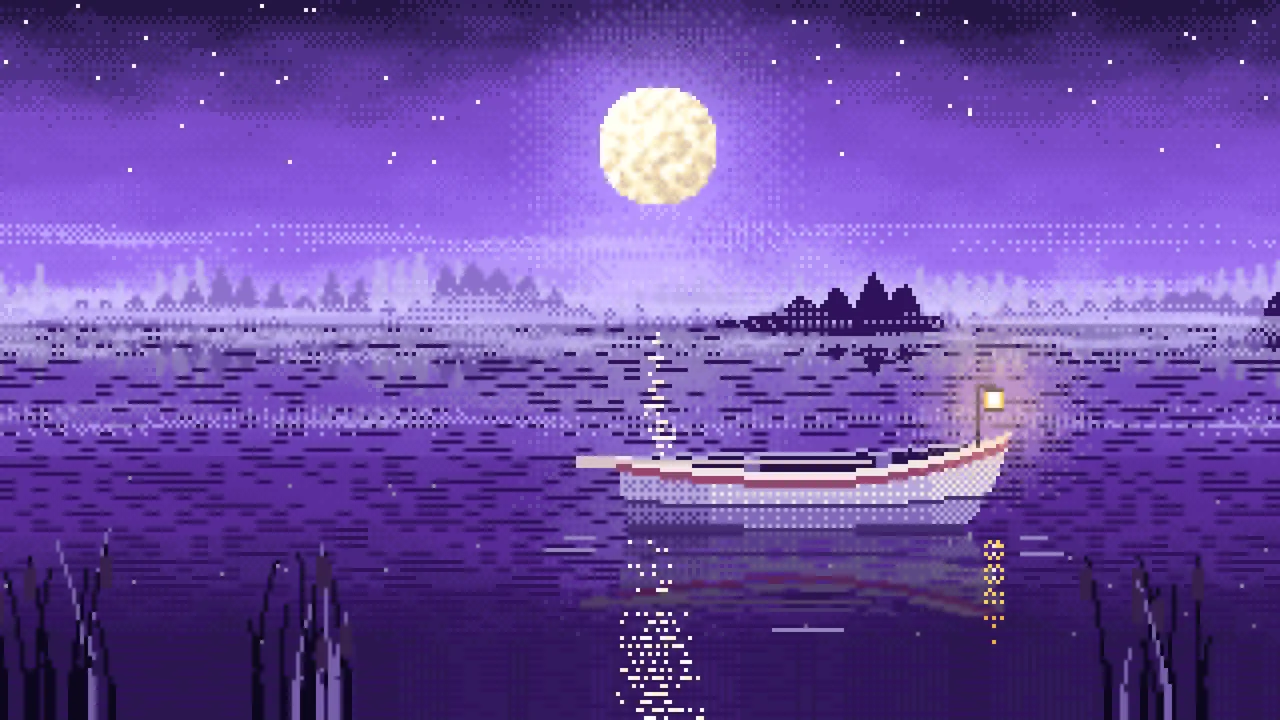 Purple Pixel Art Lonely Rowboat on a Foggy Lake desktop wallpaper in 4K