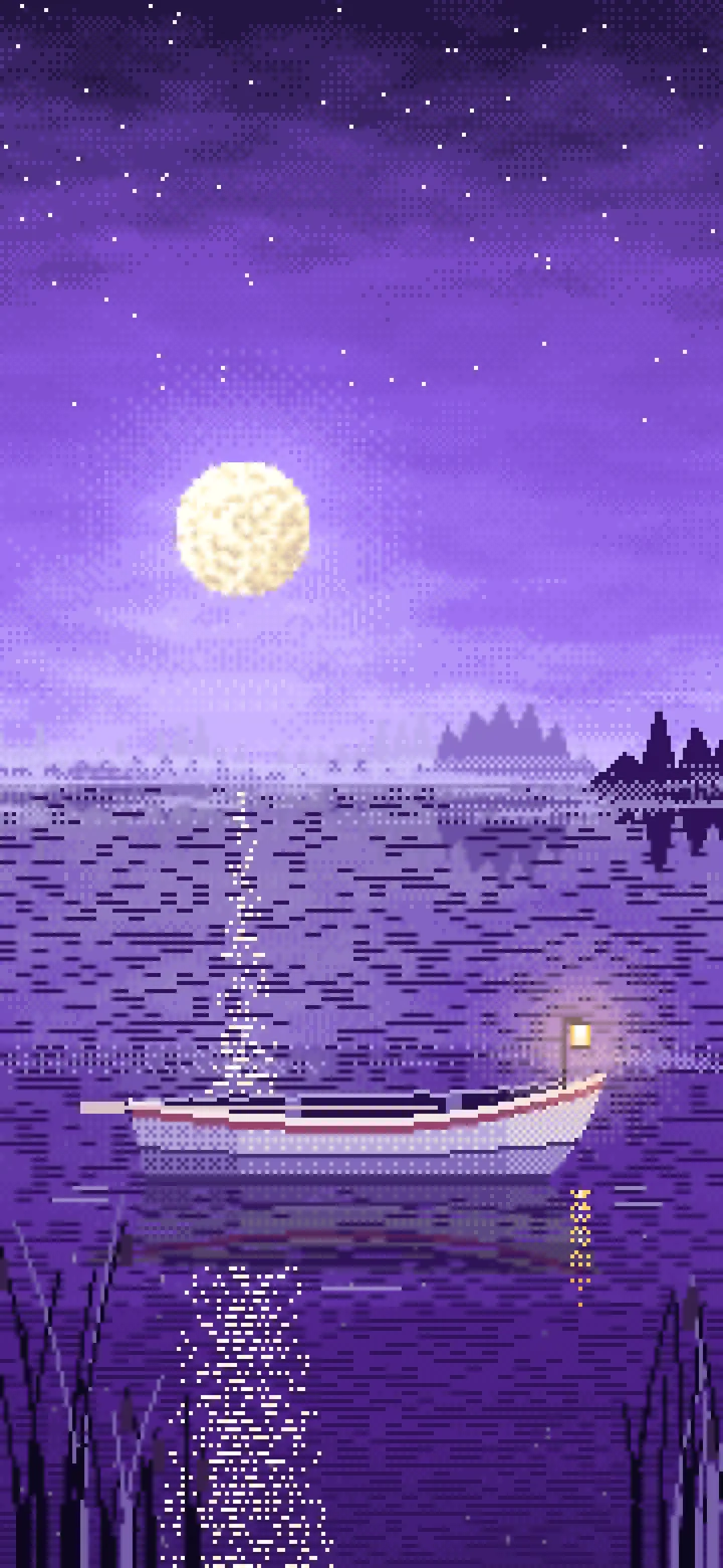 Purple Pixel Art Lonely Rowboat on a Foggy Lake wallpaper for iPhone and Android