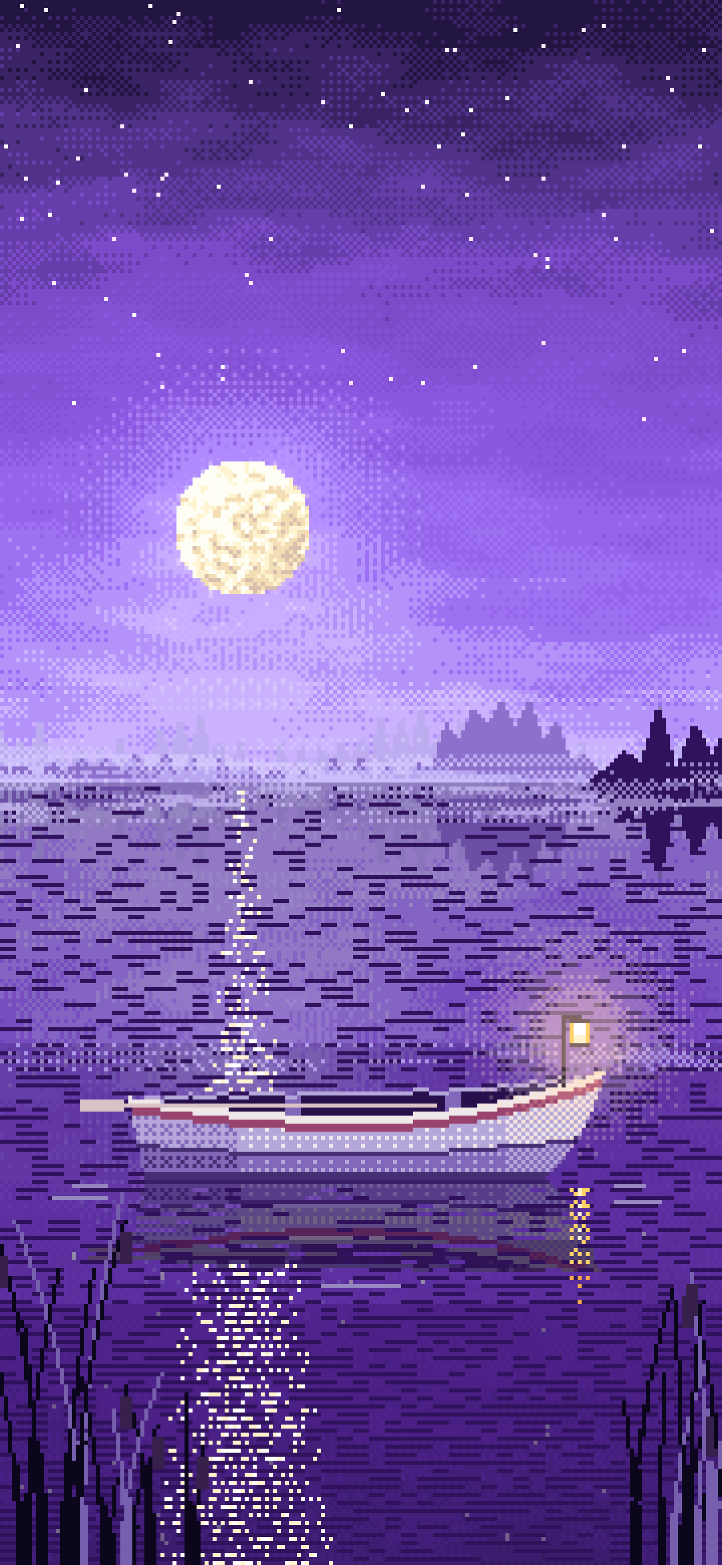 Purple Pixel Art Lonely Rowboat on a Foggy Lake wallpaper for iPhone and Android