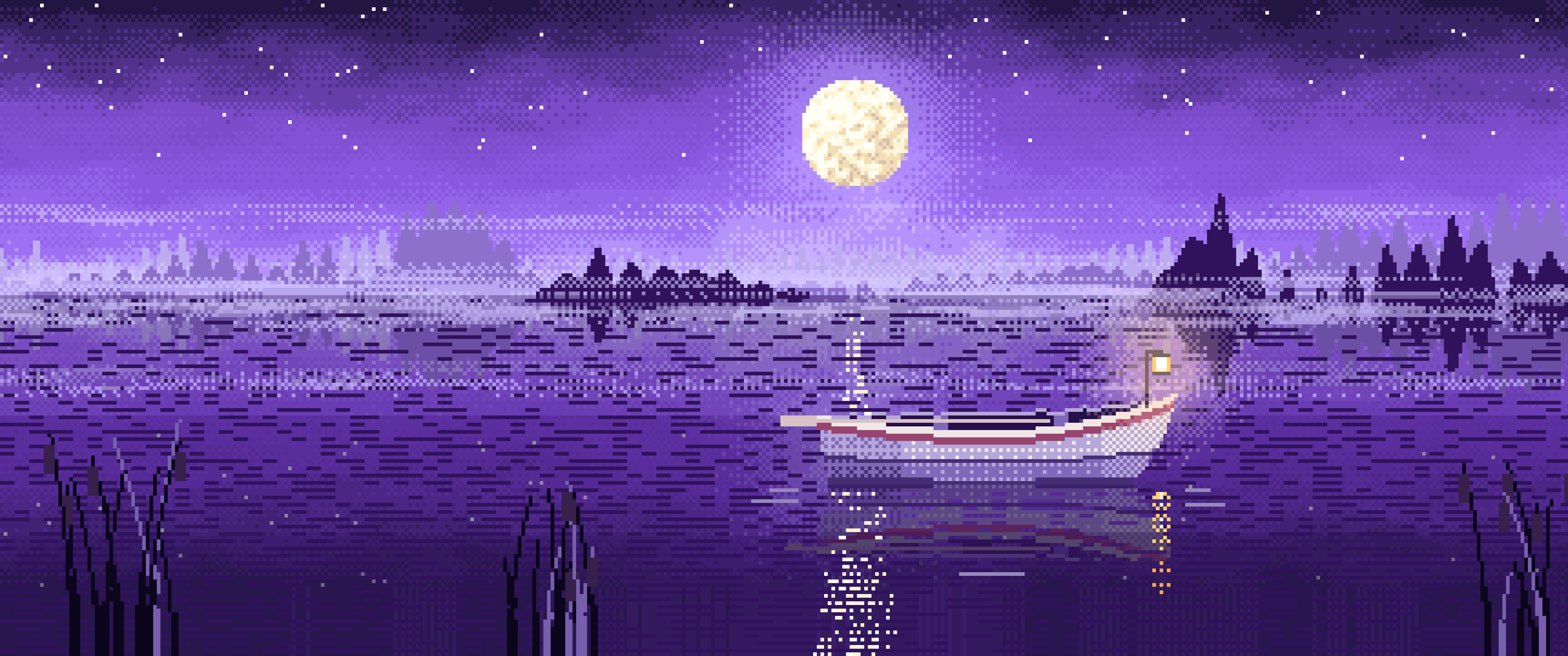 Purple Pixel Art Lonely Rowboat on a Foggy Lake ultrawide wallpaper, 3440 × 1440