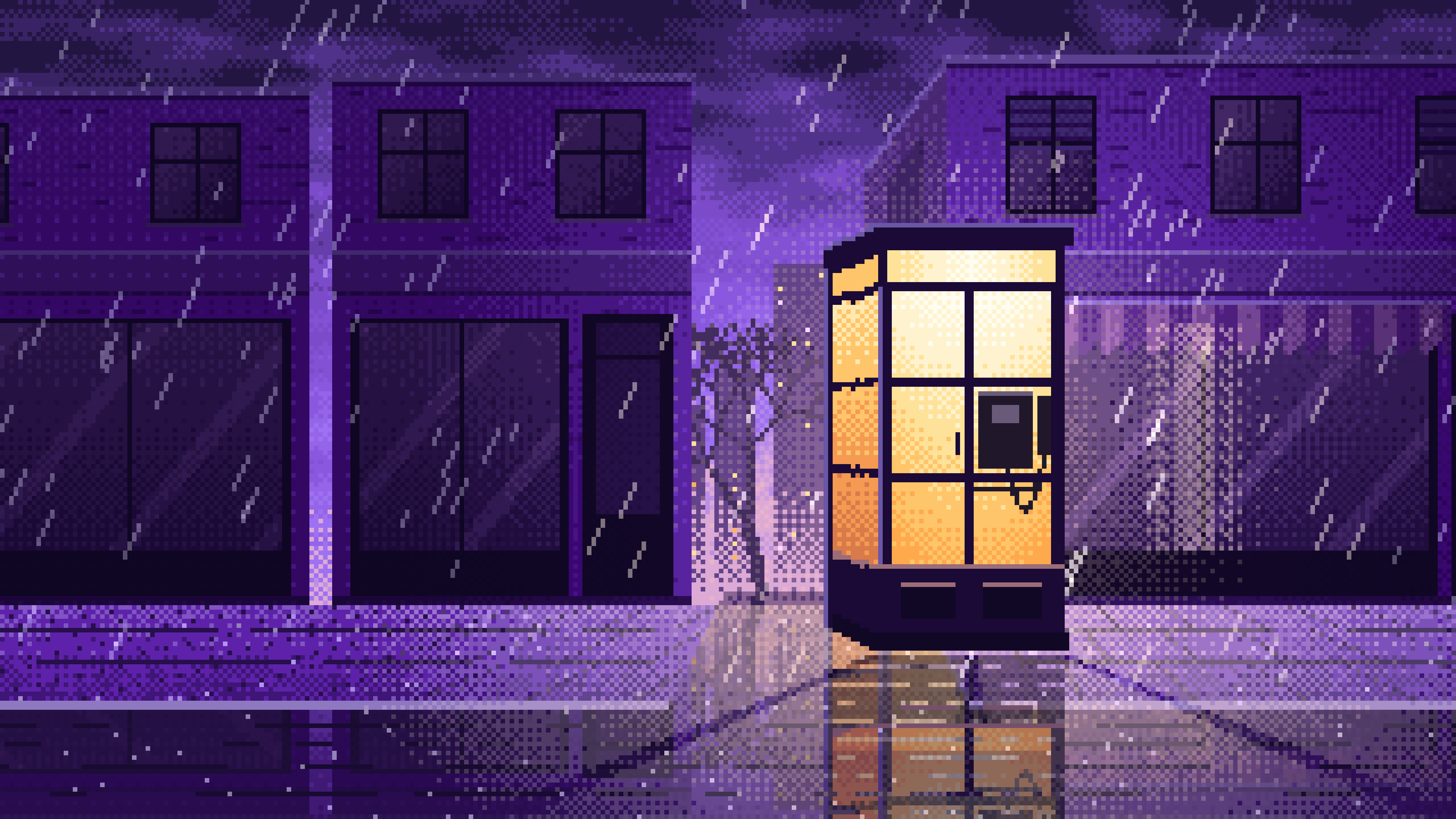 Purple Pixel Art Lonely Telephone Box at Night desktop wallpaper in 4K