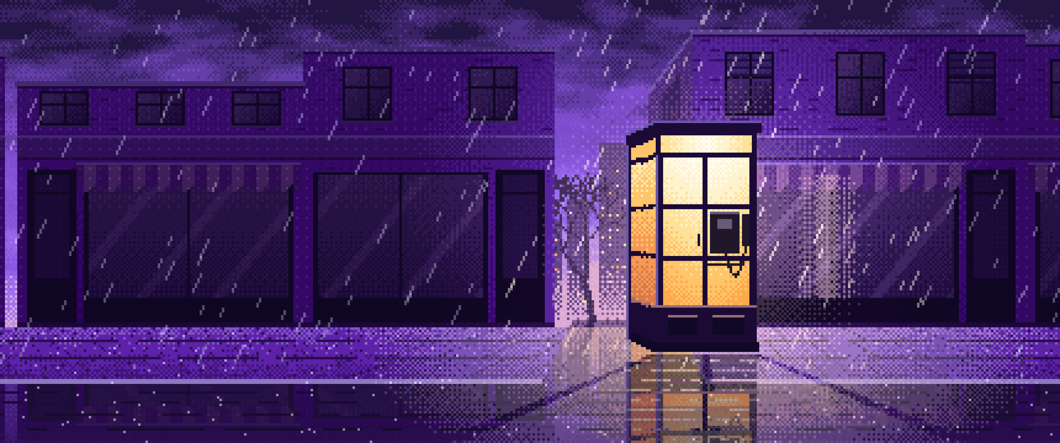 Purple Pixel Art Lonely Telephone Box at Night ultrawide wallpaper, 3440 × 1440