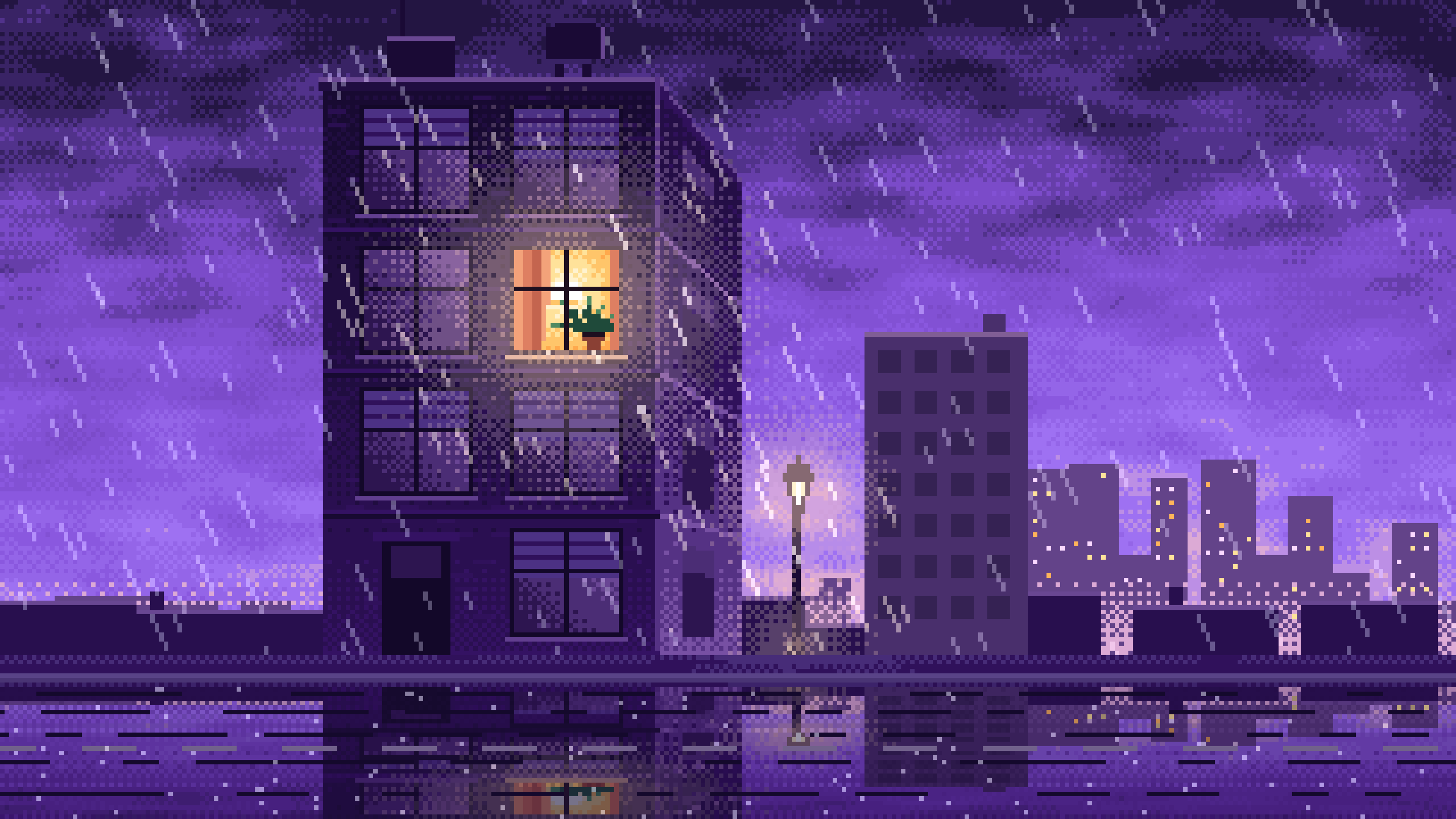 Purple Pixel Art Lonely Window in the Rain desktop wallpaper in 4K