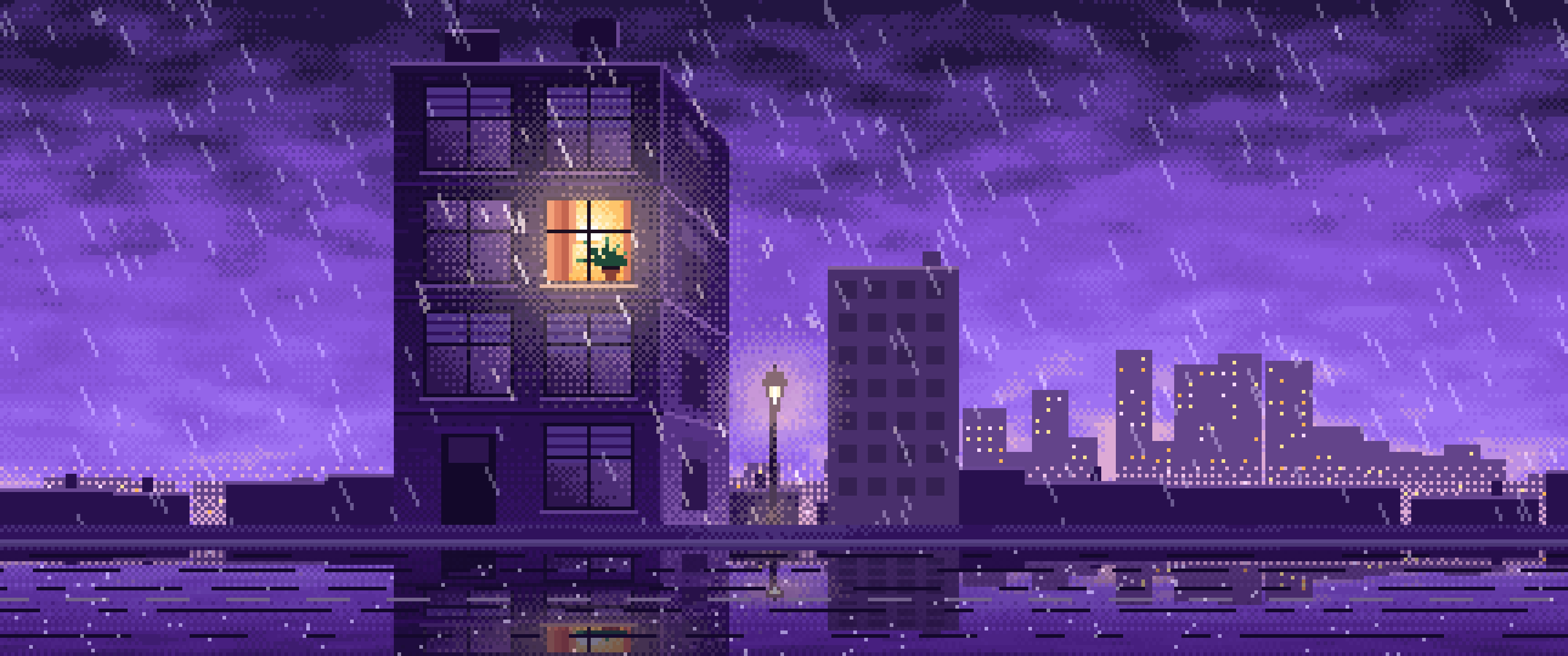 Purple Pixel Art Lonely Window in the Rain ultrawide wallpaper, 3440 × 1440