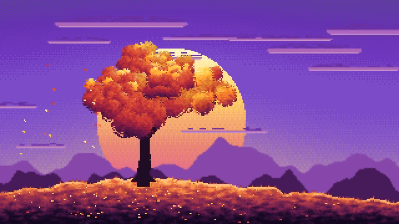 Purple Pixel Art Maple Tree at Sunset desktop wallpaper in 4K
