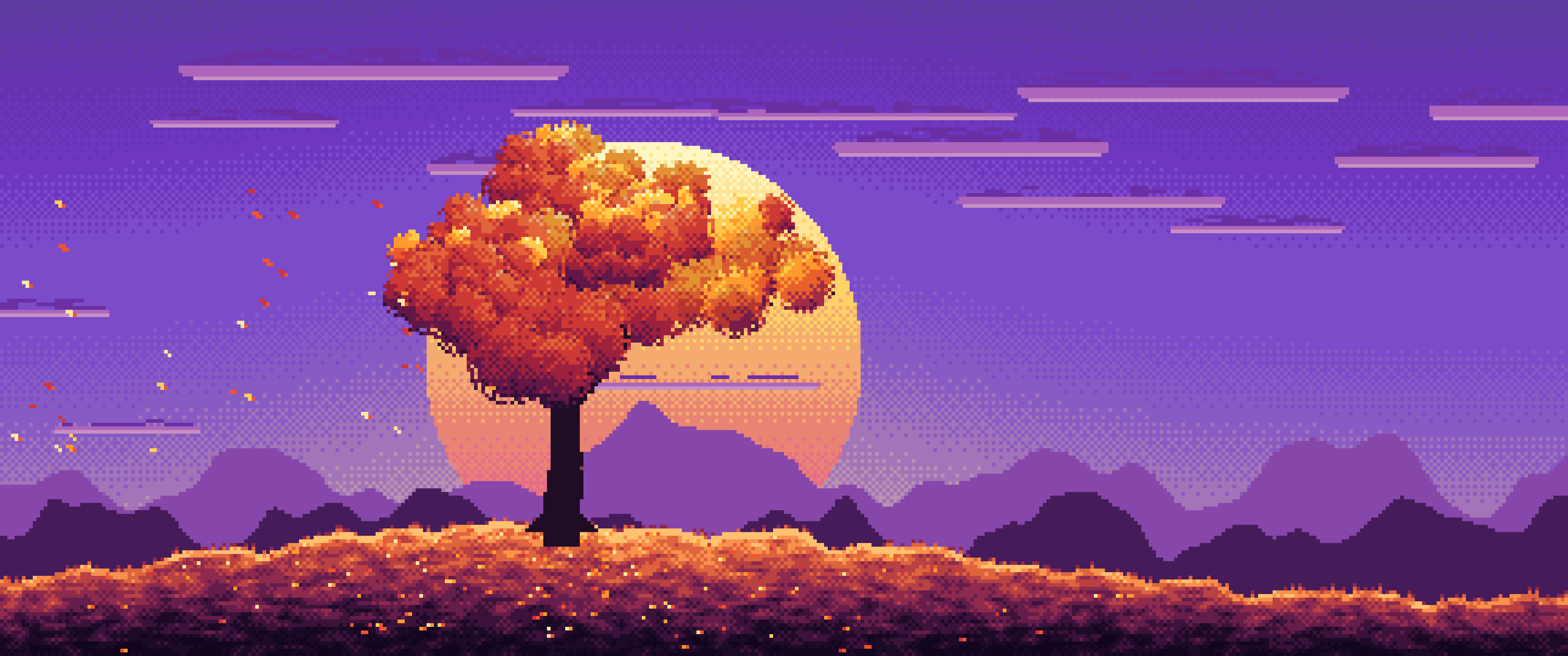 Purple Pixel Art Maple Tree at Sunset ultrawide wallpaper, 3440 × 1440