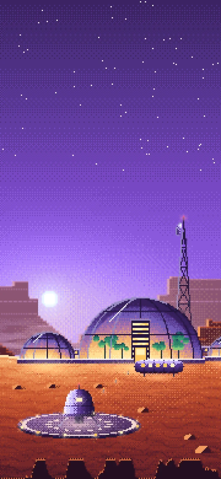 Purple Pixel Art Mars Colony at Sunset wallpaper for iPhone and Android