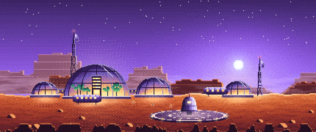Purple Pixel Art Mars Colony at Sunset ultrawide wallpaper, 3440 × 1440