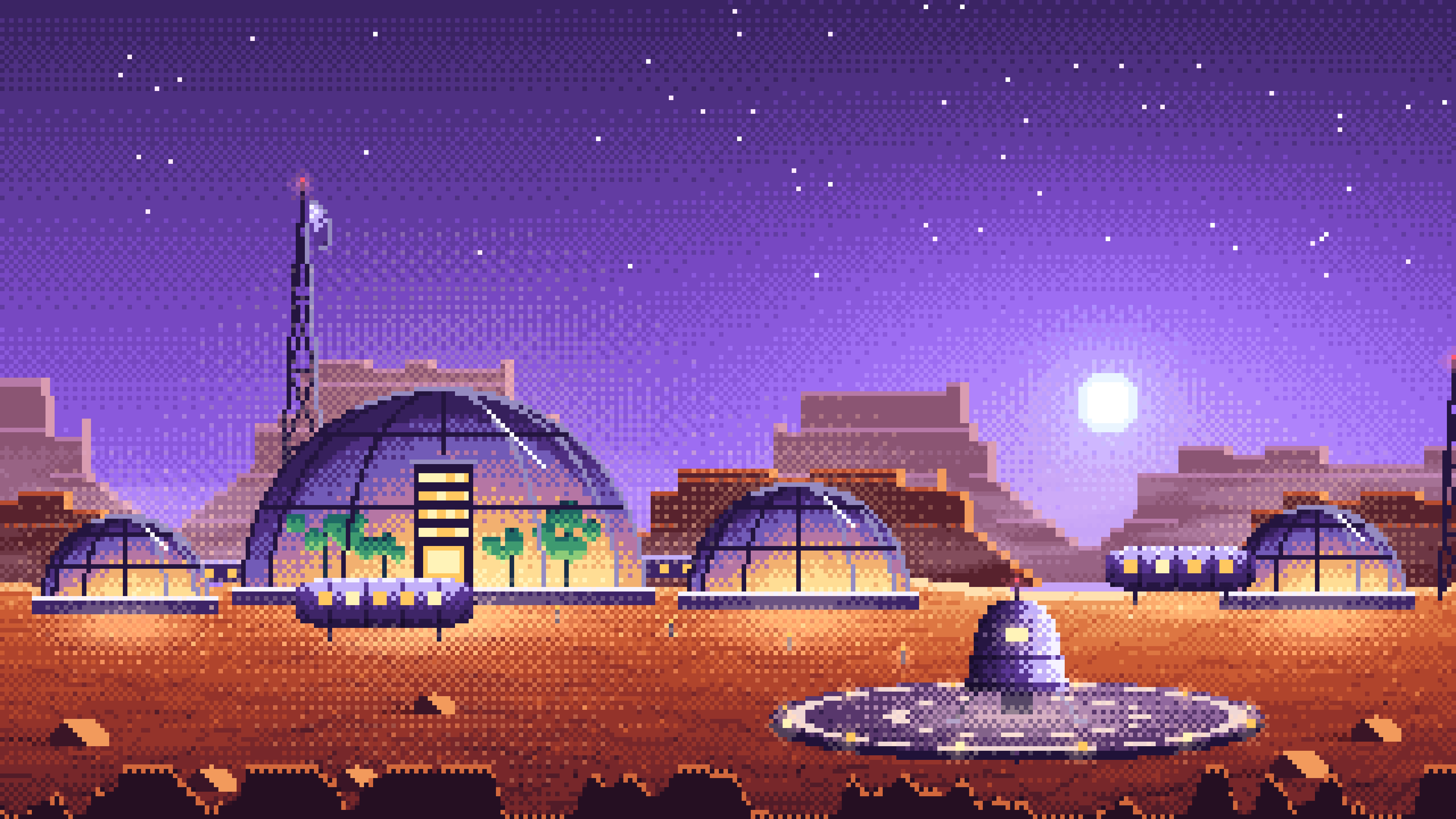 Purple Pixel Art Mars Colony at Sunset desktop wallpaper in 4K