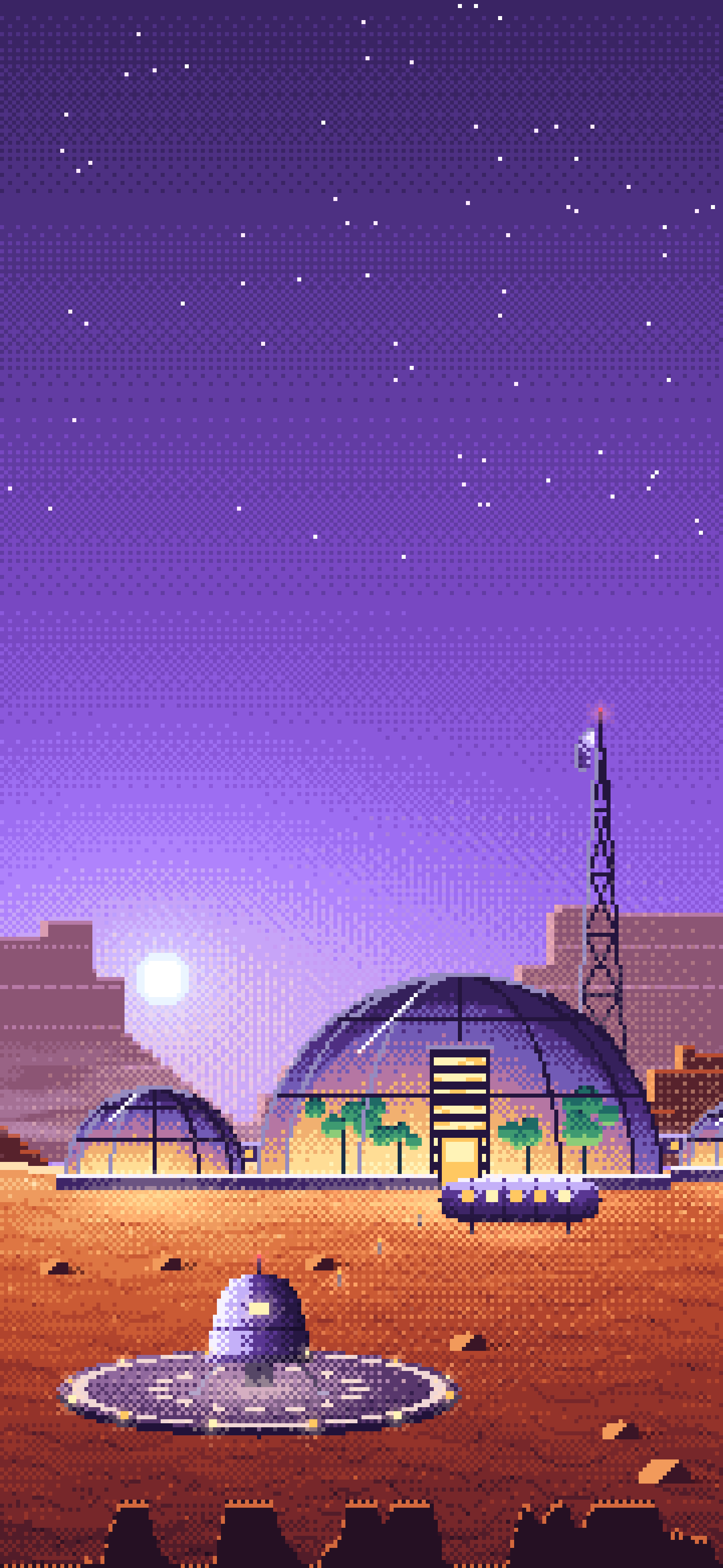 Purple Pixel Art Mars Colony at Sunset wallpaper for iPhone and Android