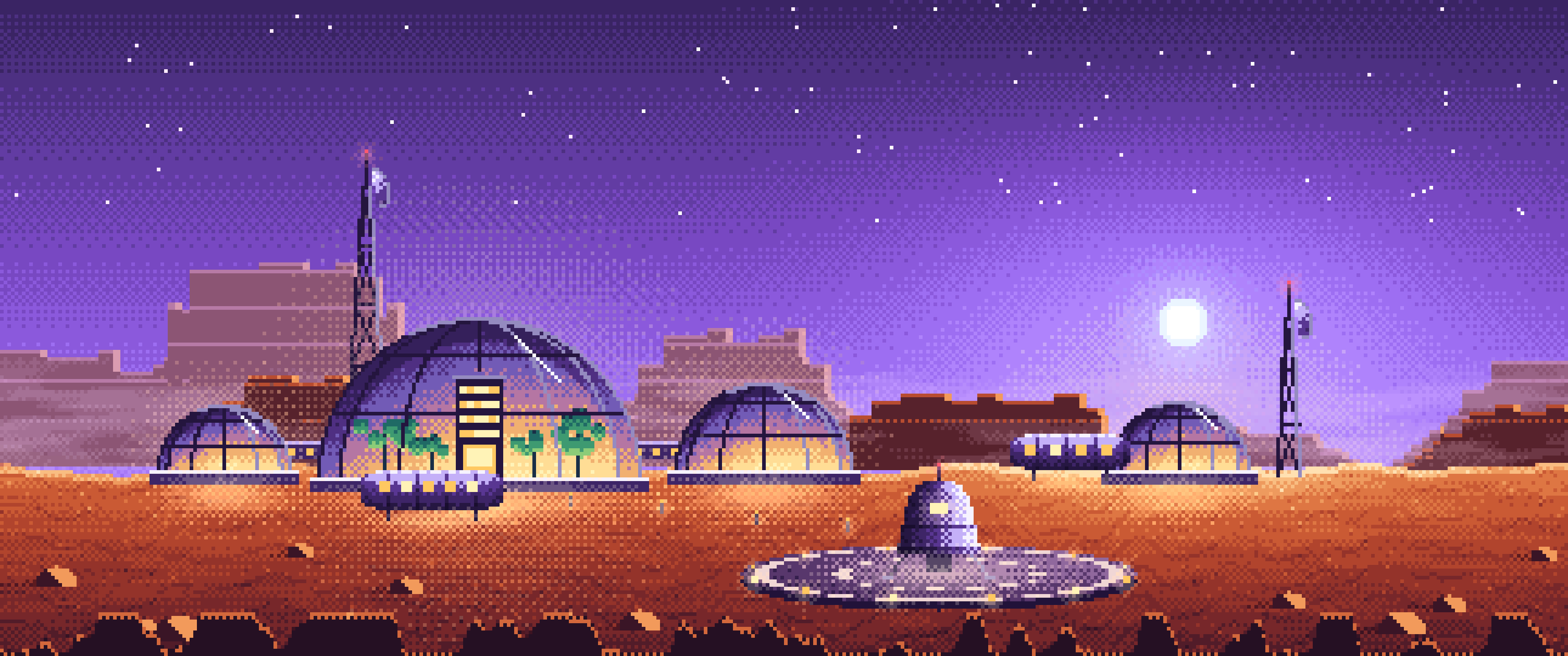 Purple Pixel Art Mars Colony at Sunset ultrawide wallpaper, 3440 × 1440