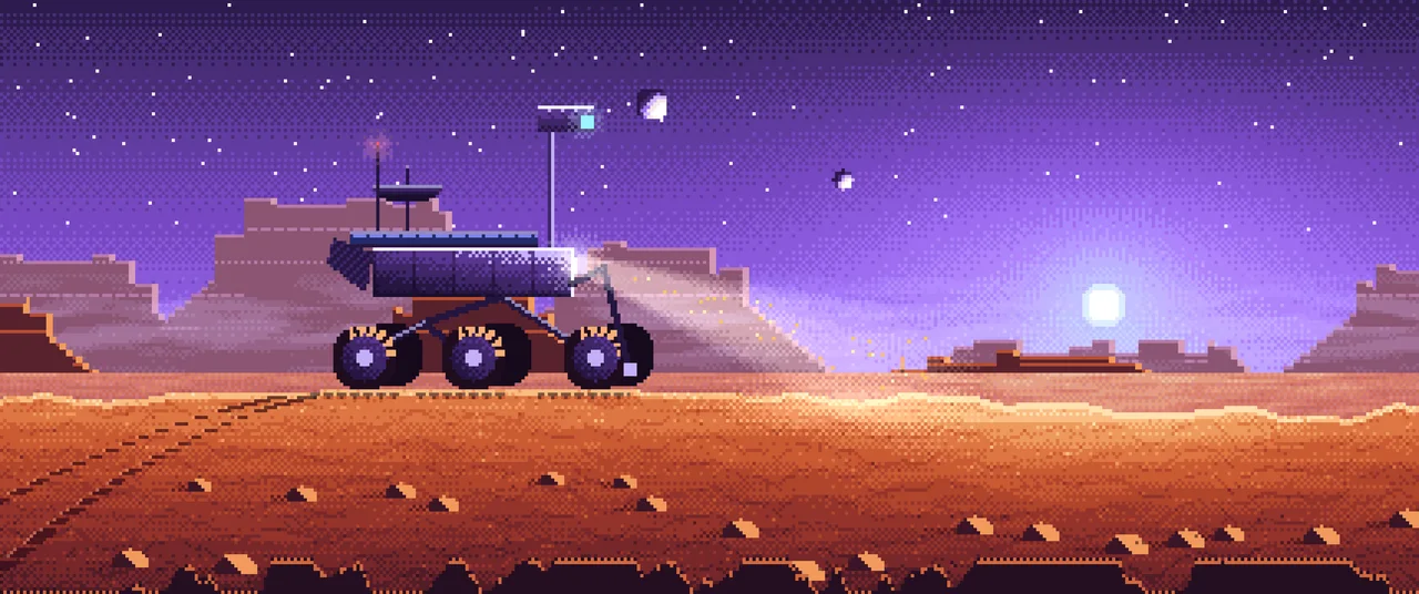 Purple Pixel Art Mars Rover at Dusk ultrawide wallpaper, 3440 × 1440