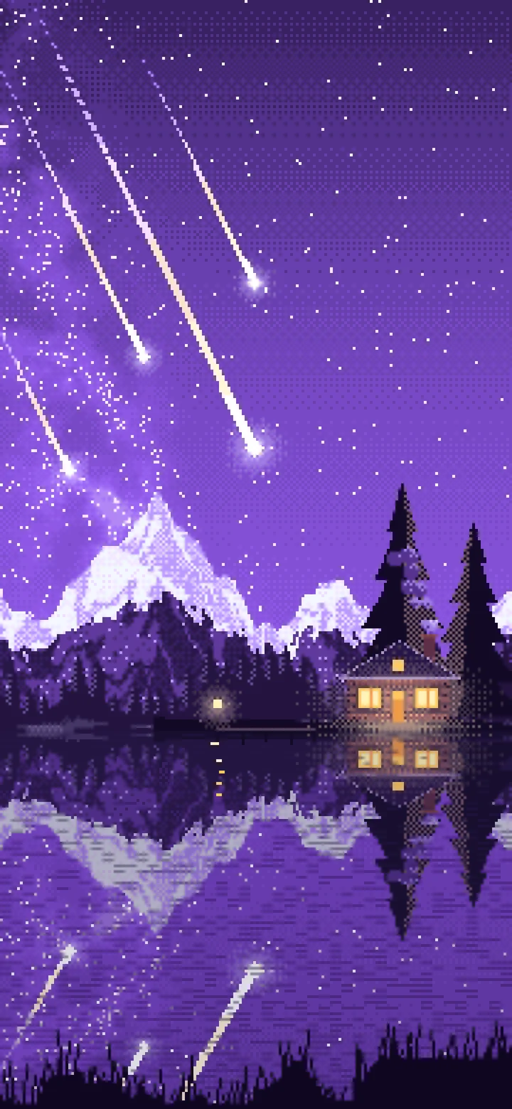 Purple Pixel Art Meteor Shower over a Lake wallpaper for iPhone and Android