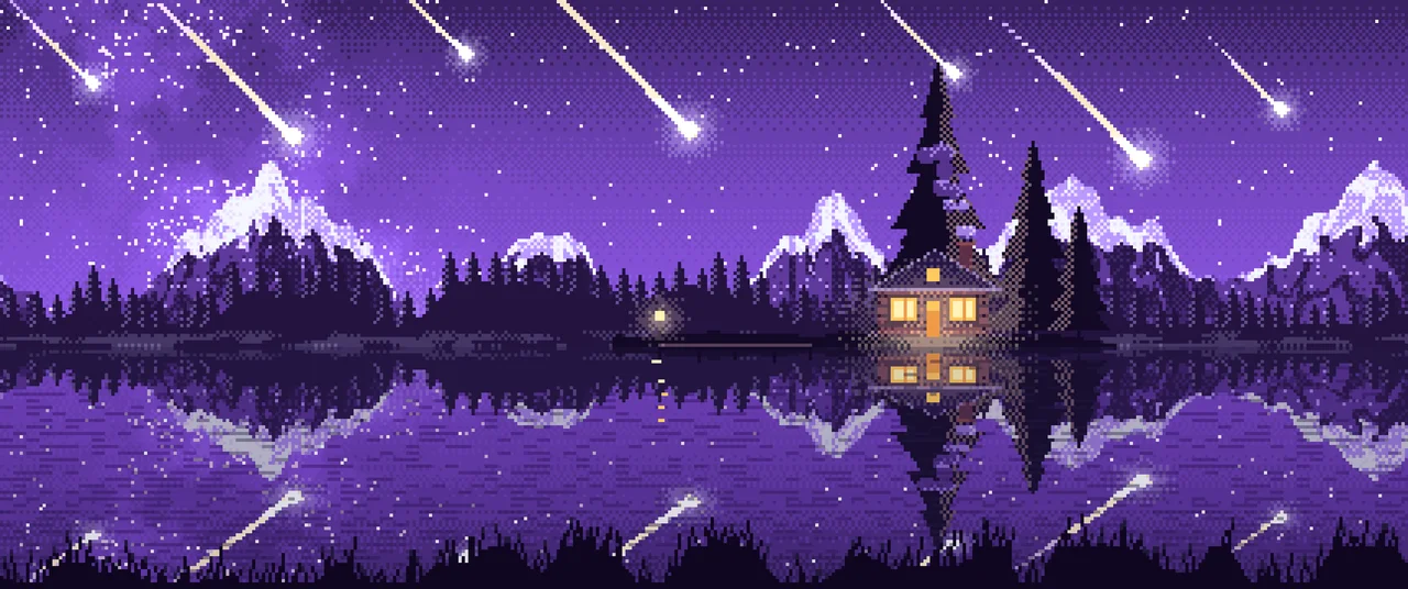 Purple Pixel Art Meteor Shower over a Lake ultrawide wallpaper, 3440 × 1440