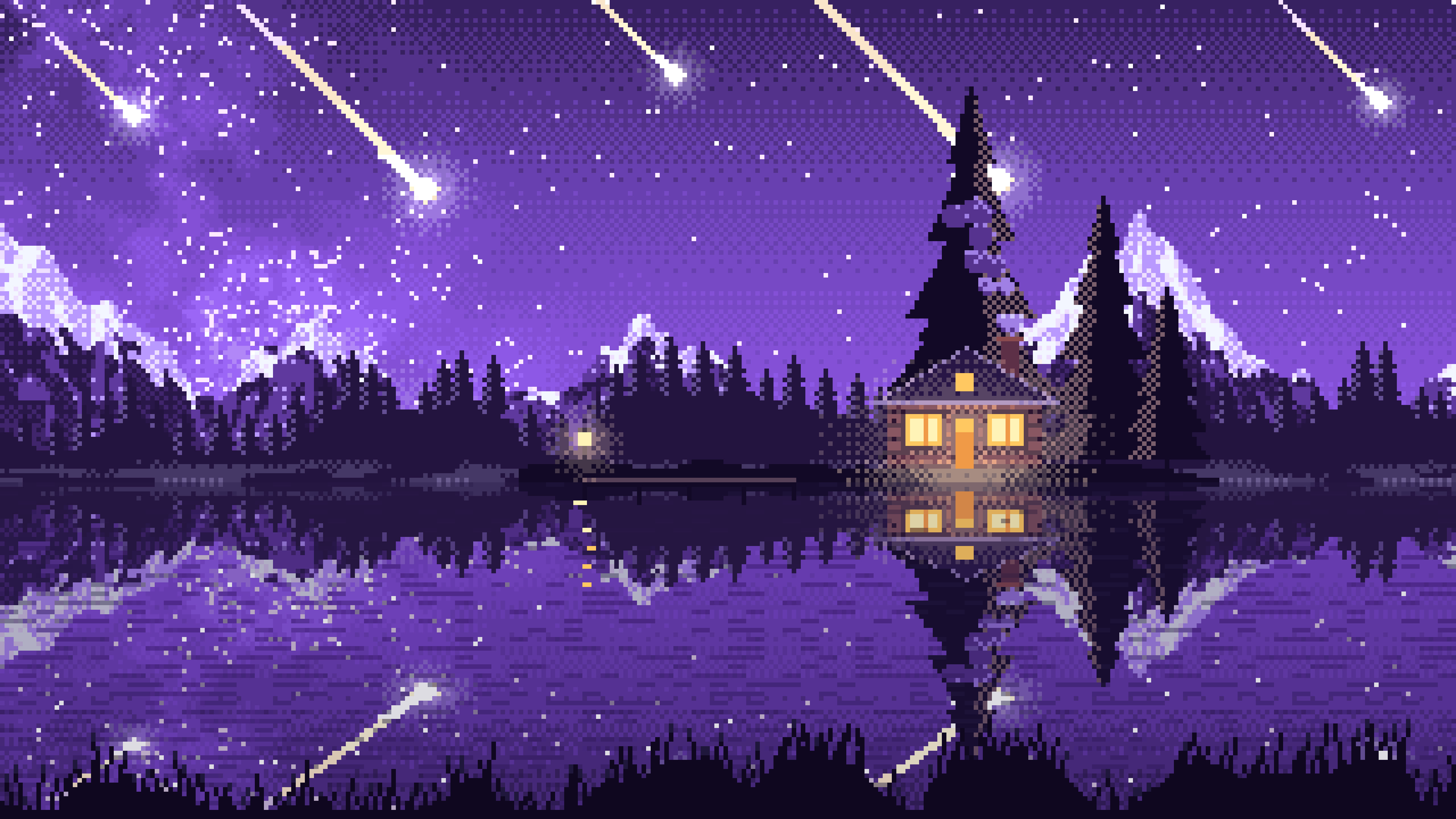 Purple Pixel Art Meteor Shower over a Lake desktop wallpaper in 4K
