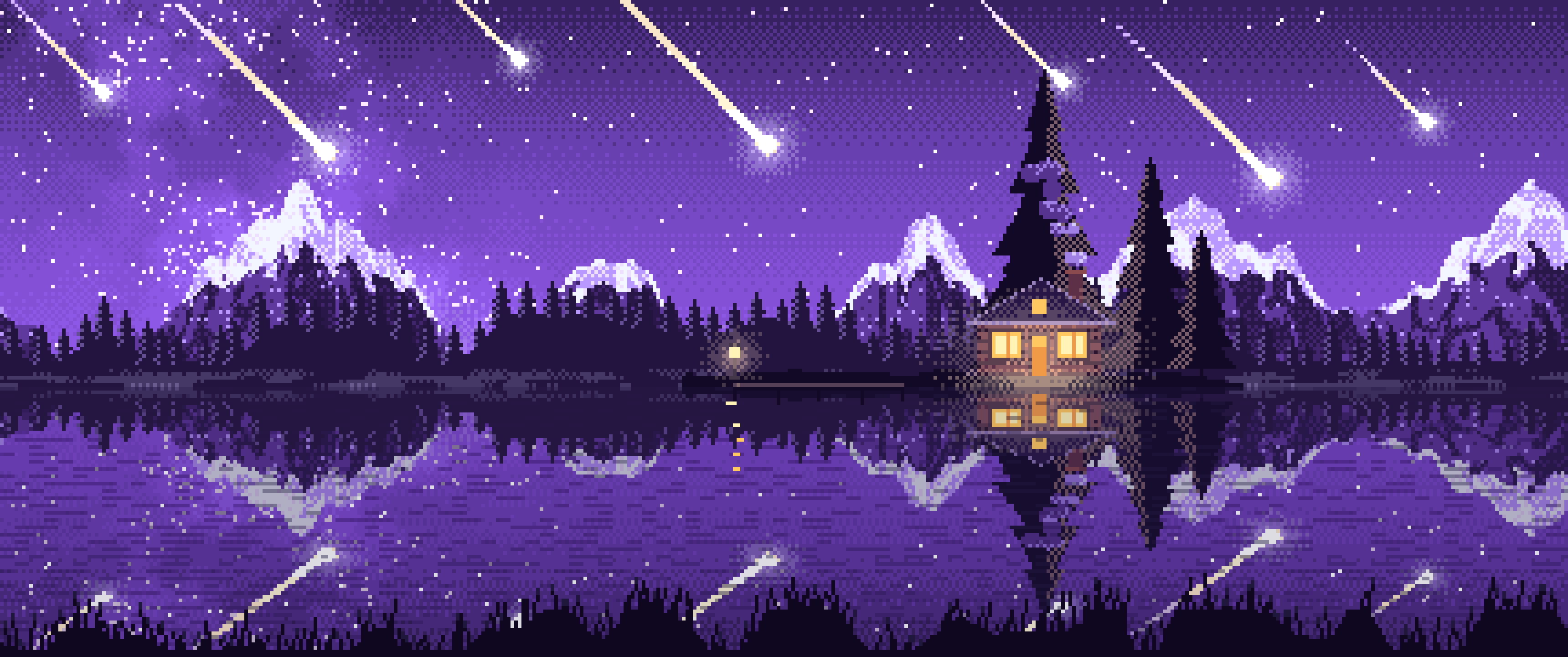 Purple Pixel Art Meteor Shower over a Lake ultrawide wallpaper, 3440 × 1440