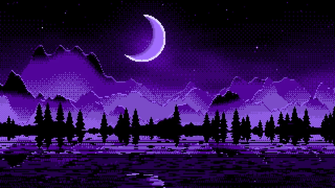 Purple Pixel Art Moonlit Mountains desktop wallpaper in 4K