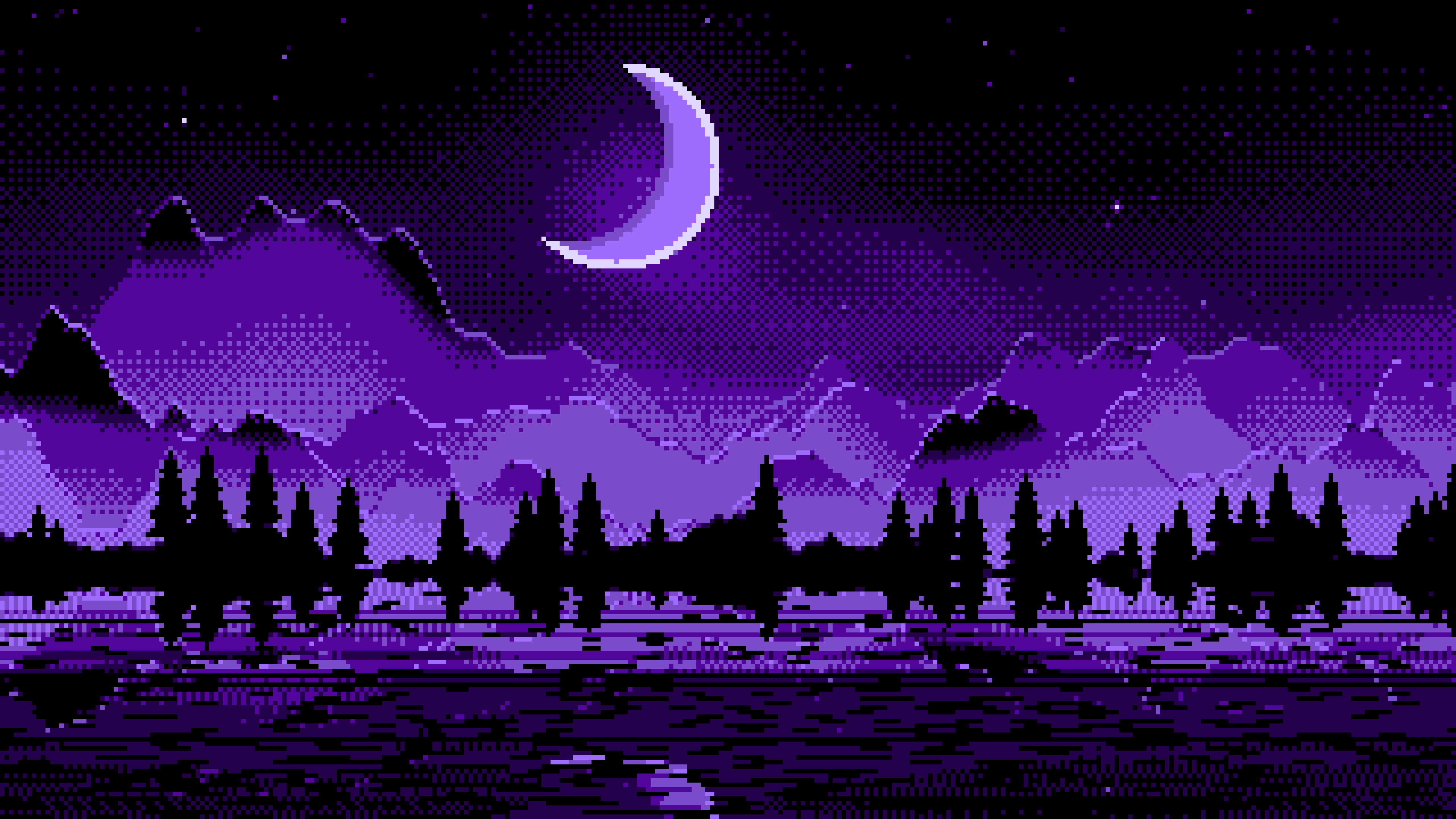 Purple Pixel Art Moonlit Mountains desktop wallpaper in 4K