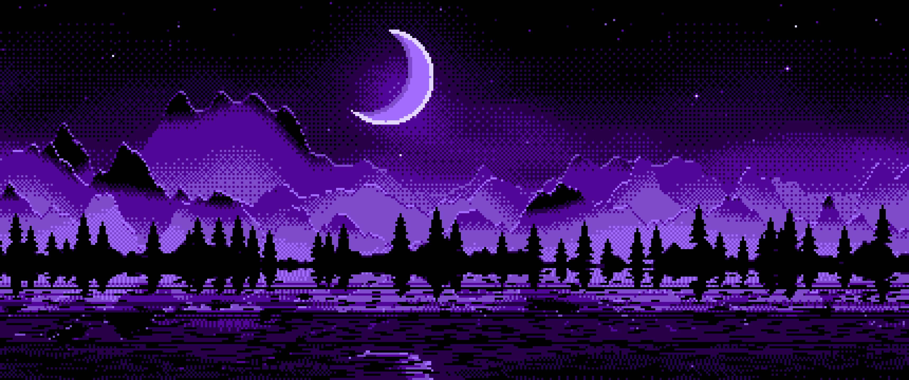 Purple Pixel Art Moonlit Mountains ultrawide wallpaper, 3440 × 1440