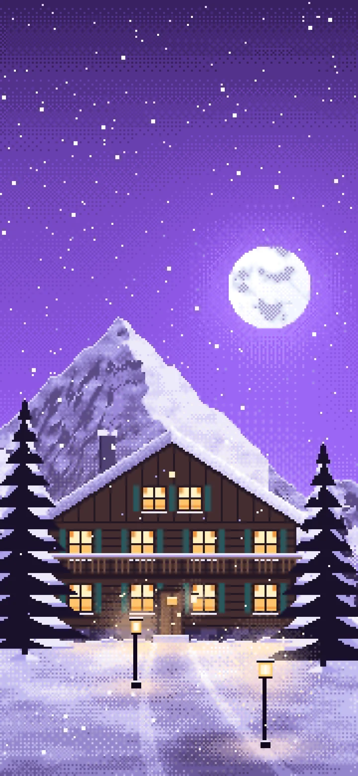 Purple Pixel Art Mountain Lodge at Night wallpaper for iPhone and Android
