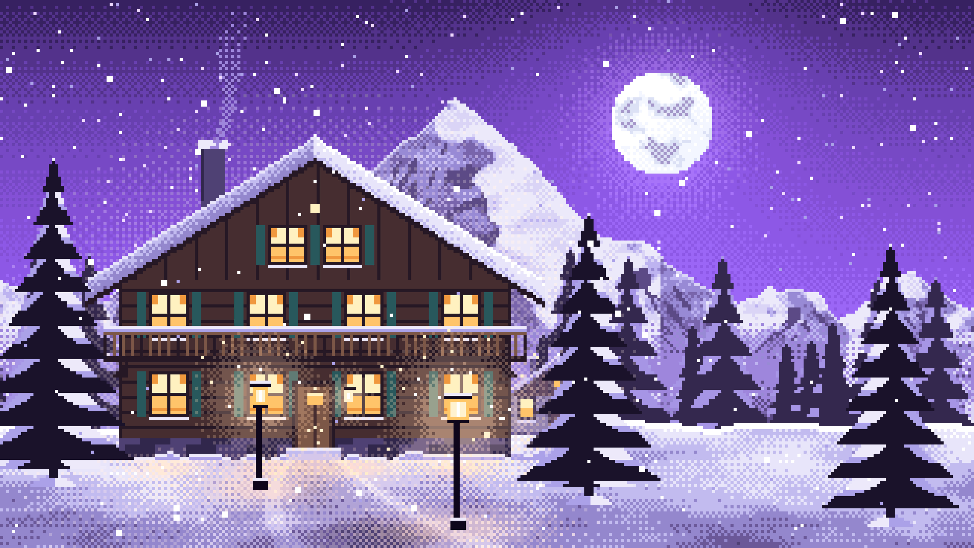 Purple Pixel Art Mountain Lodge at Night desktop wallpaper in 4K