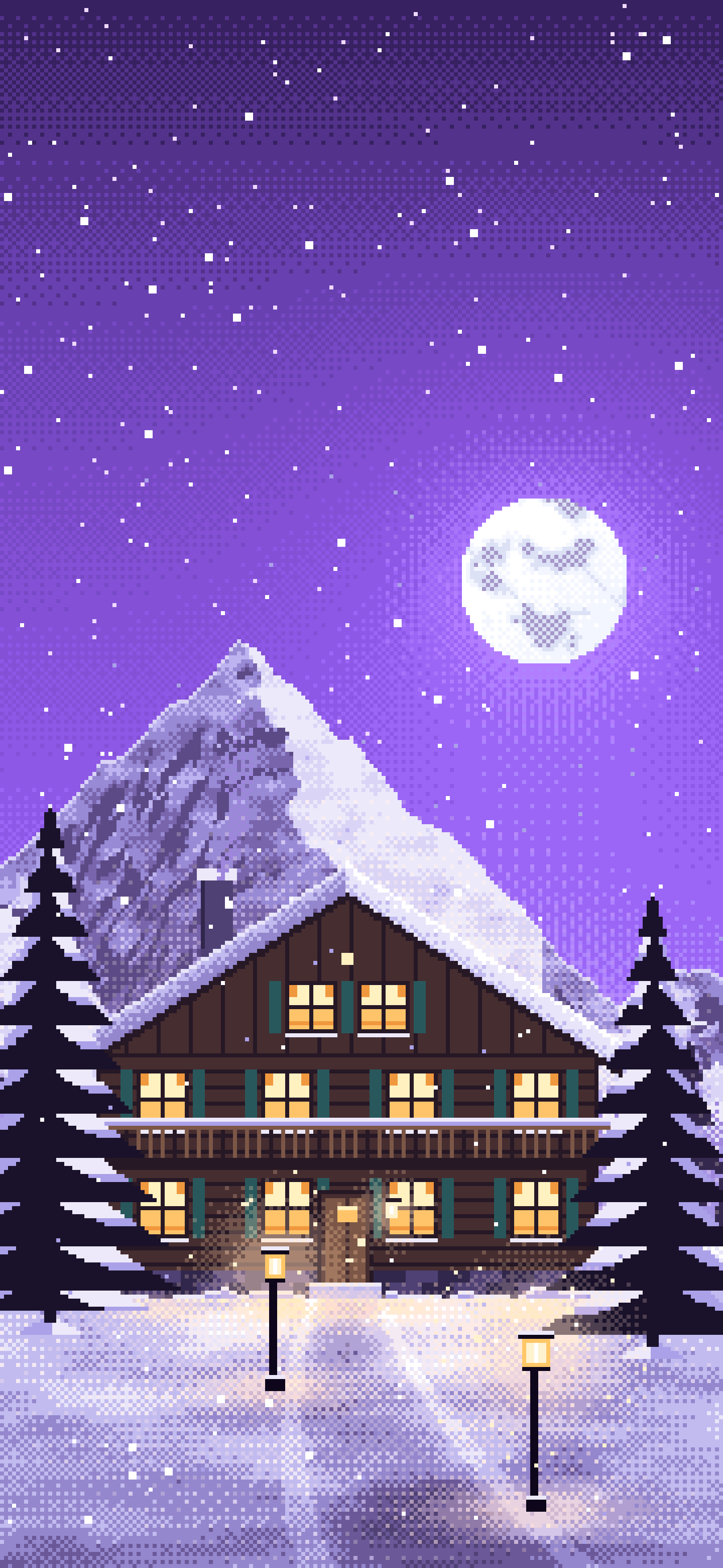 Purple Pixel Art Mountain Lodge at Night wallpaper for iPhone and Android