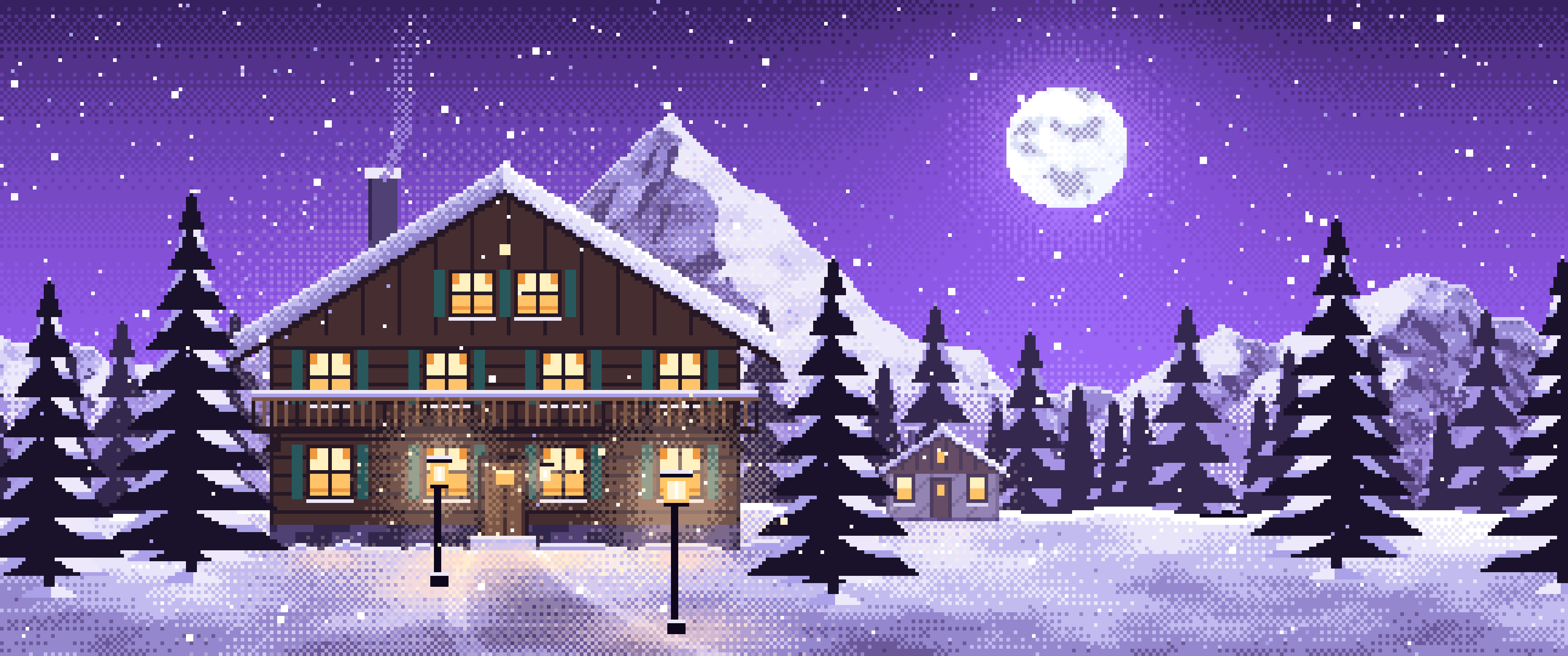 Purple Pixel Art Mountain Lodge at Night ultrawide wallpaper, 3440 × 1440